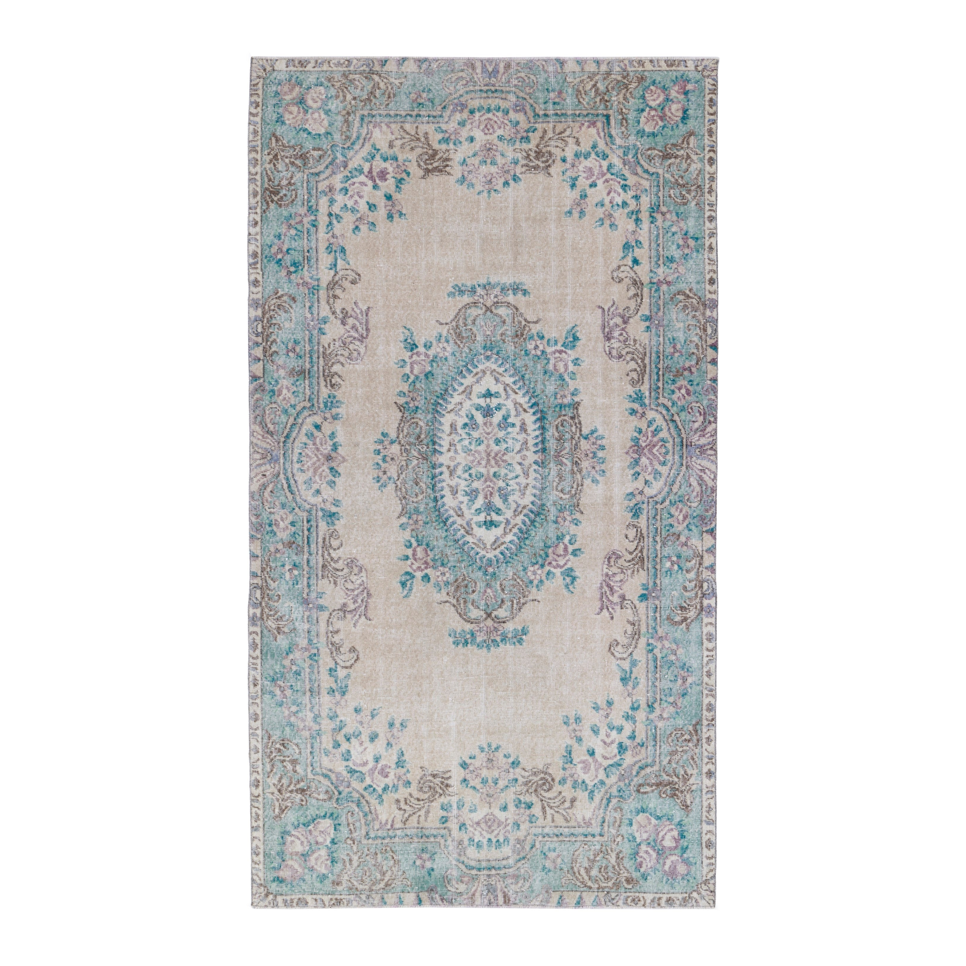 Turkish Isparta area rug in cream and turquoise, 5'4" x 9'6"