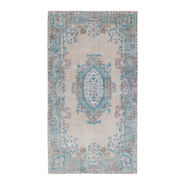 Turkish Isparta area rug in cream and turquoise, 5'4" x 9'6"