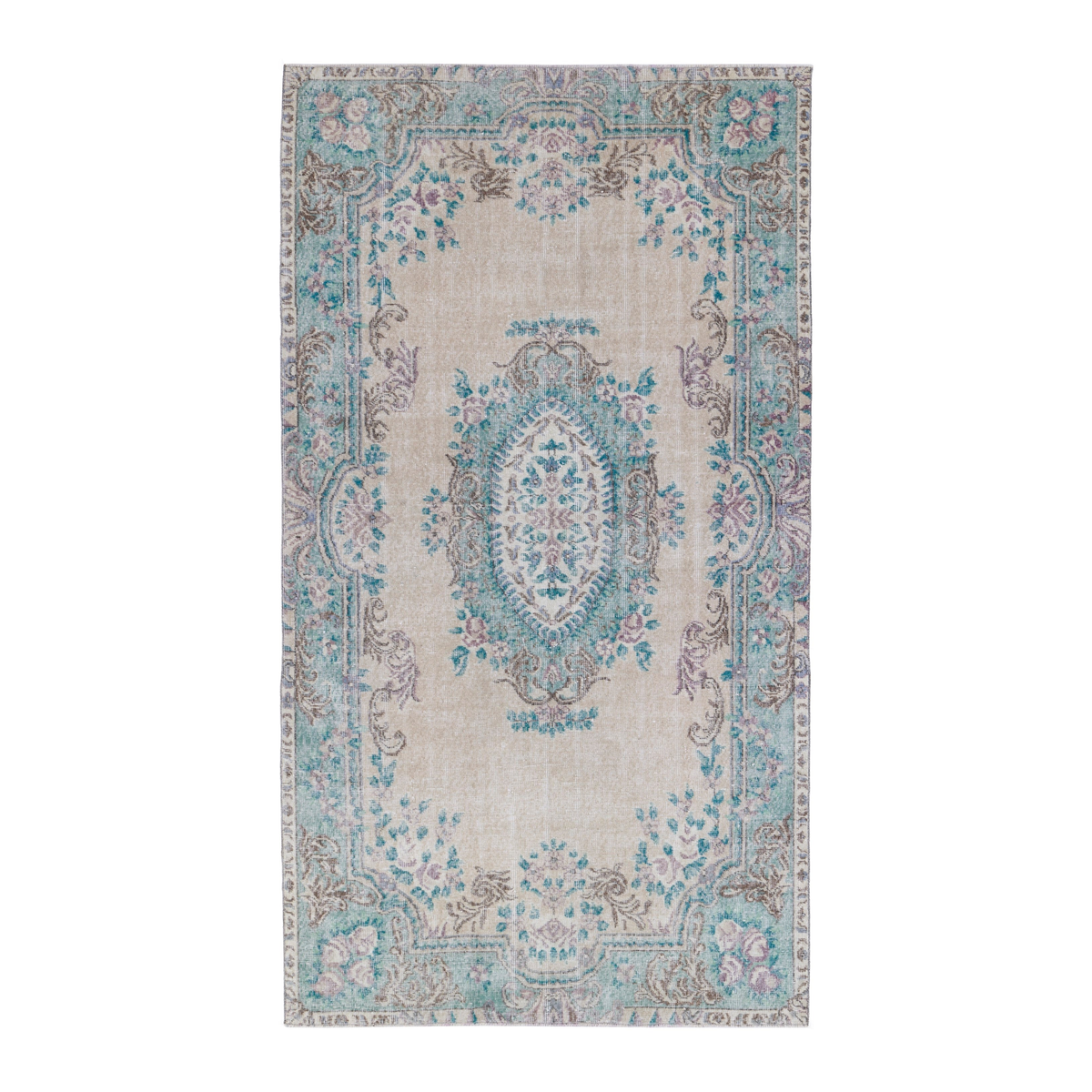 Turkish Isparta area rug in cream and turquoise, 5'4" x 9'6"