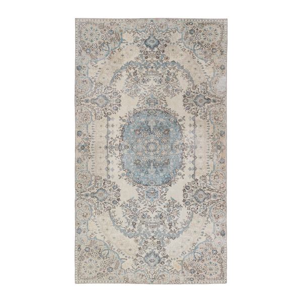 Turkish Isparta area rug in cream and dusty blue, 5'2" x 9'