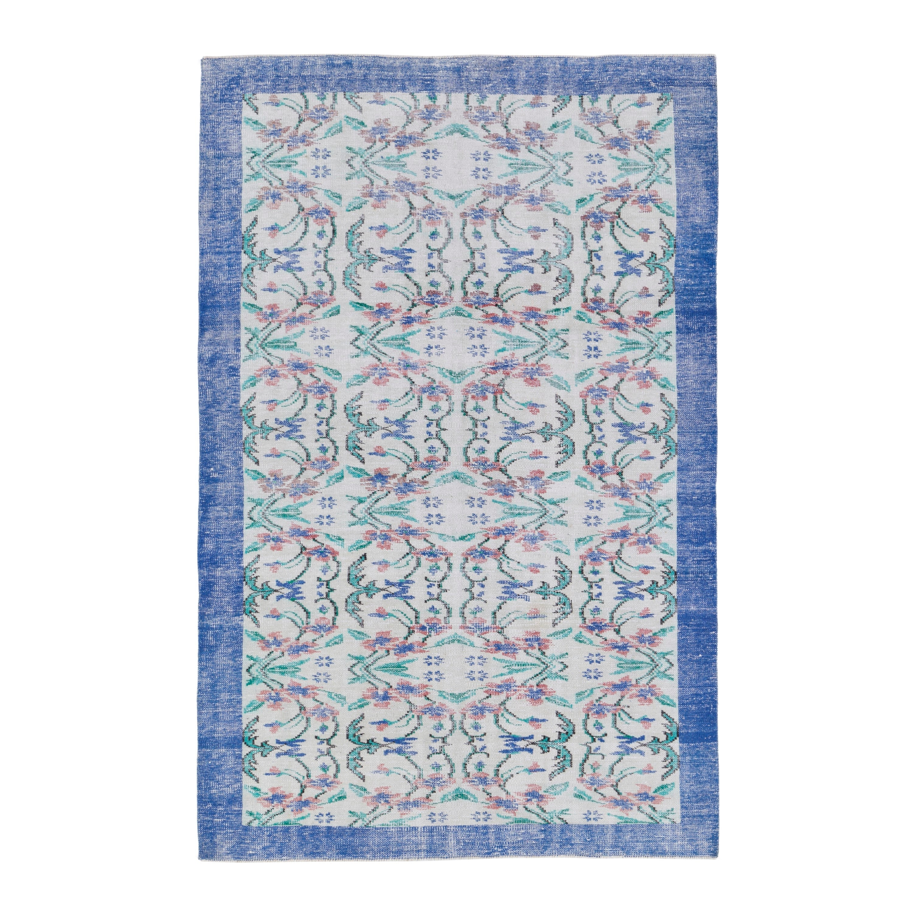 Turkish Manisa area rug in cream and denim, 6' x 9'1"