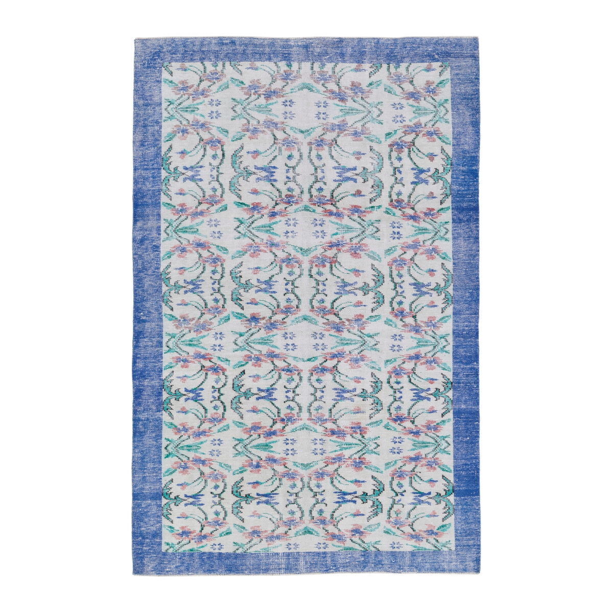 Turkish Manisa area rug in cream and denim, 6' x 9'1"