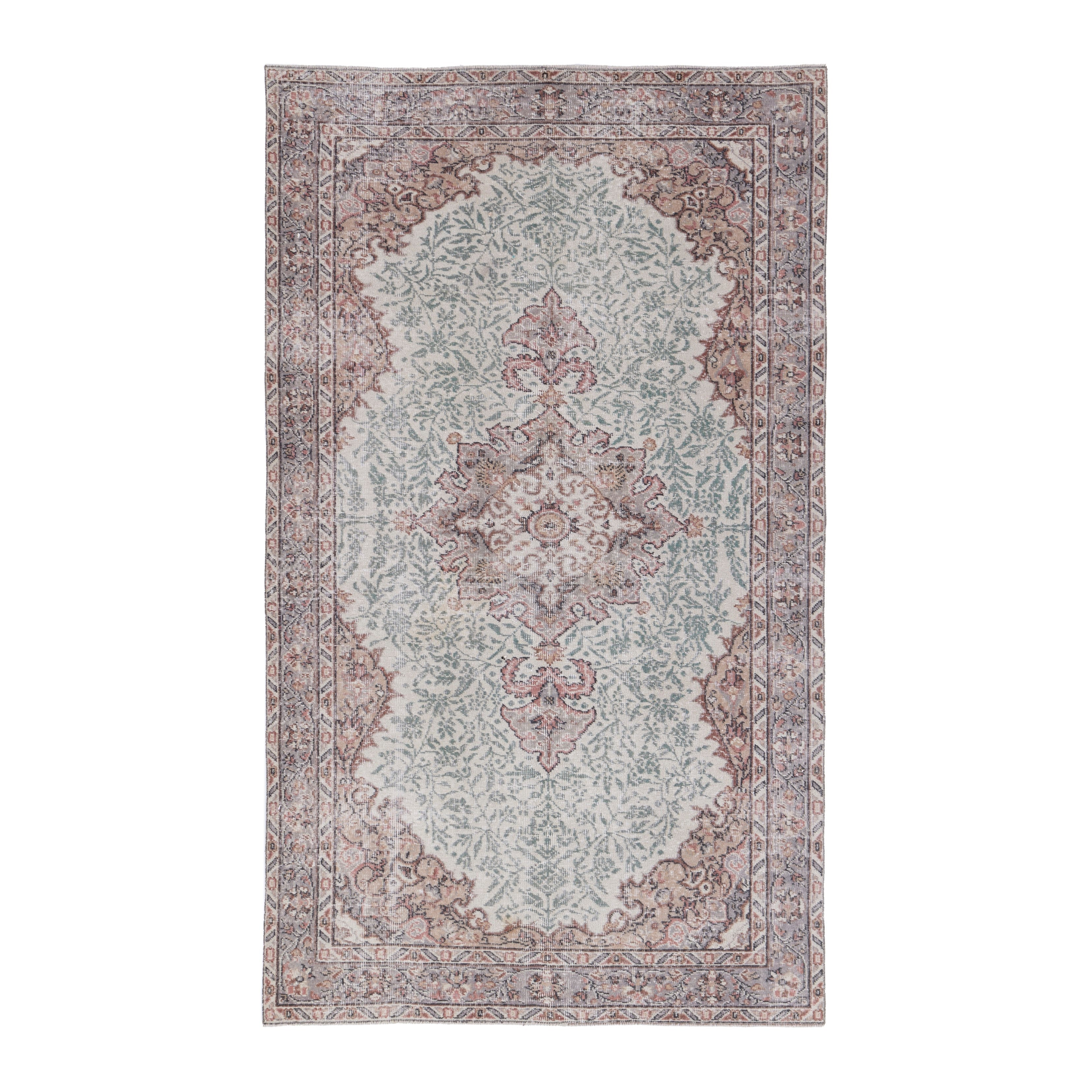 Turkish Isparta area rug in celadon and muted pink, 5'1" x 8'6"