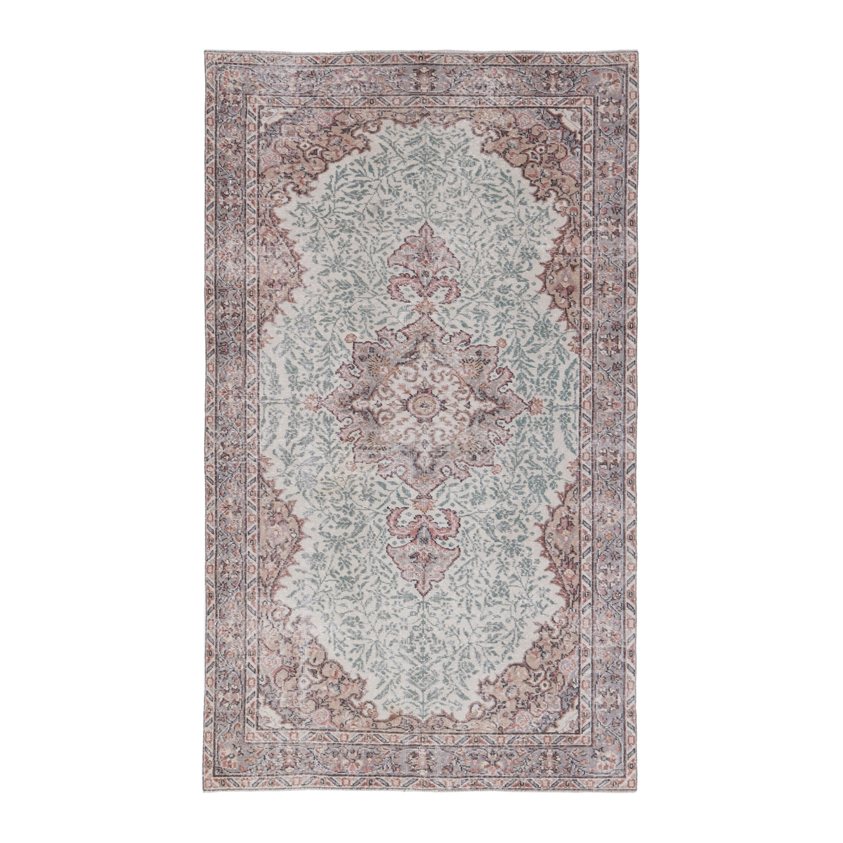 Turkish Isparta area rug in celadon and muted pink, 5'1" x 8'6"