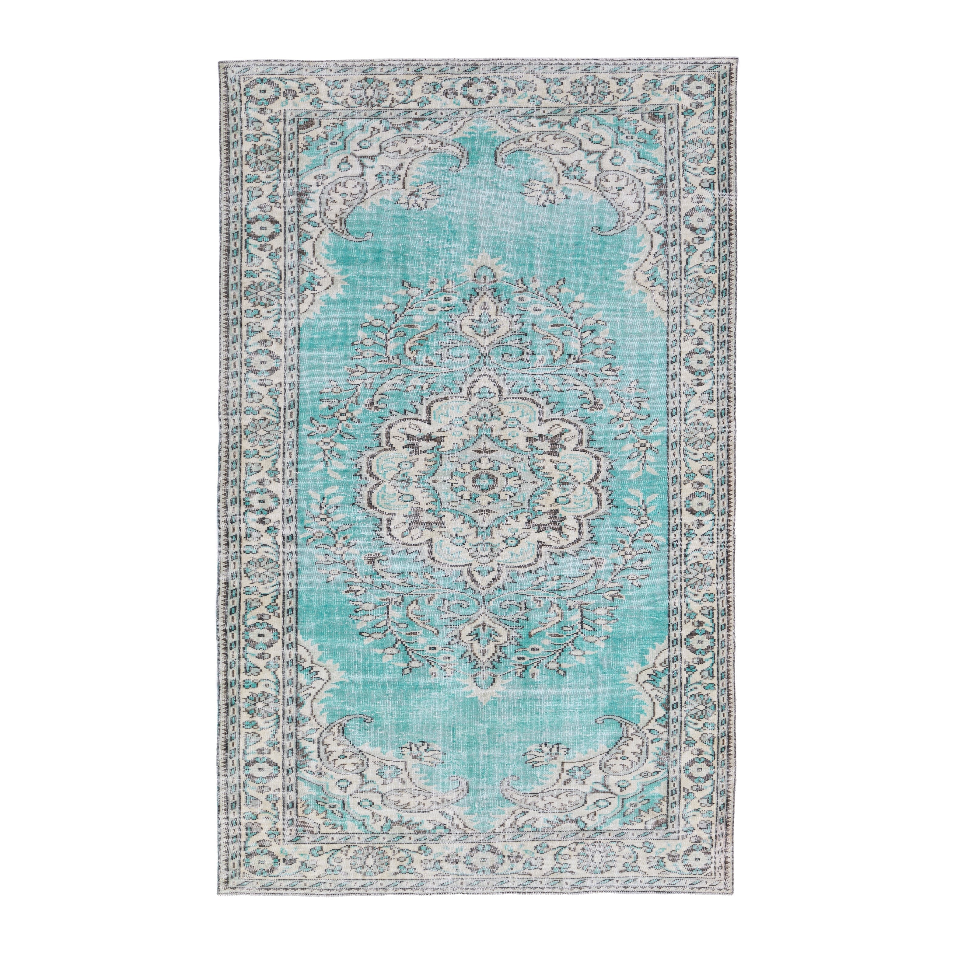 Turkish Manisa area rug in turquoise and cream, 6'1" x 9'10"