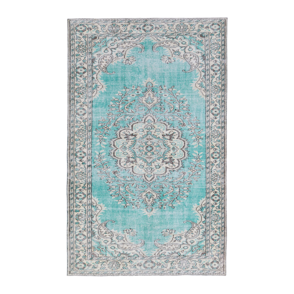 Turkish Manisa area rug in turquoise and cream, 6'1" x 9'10"
