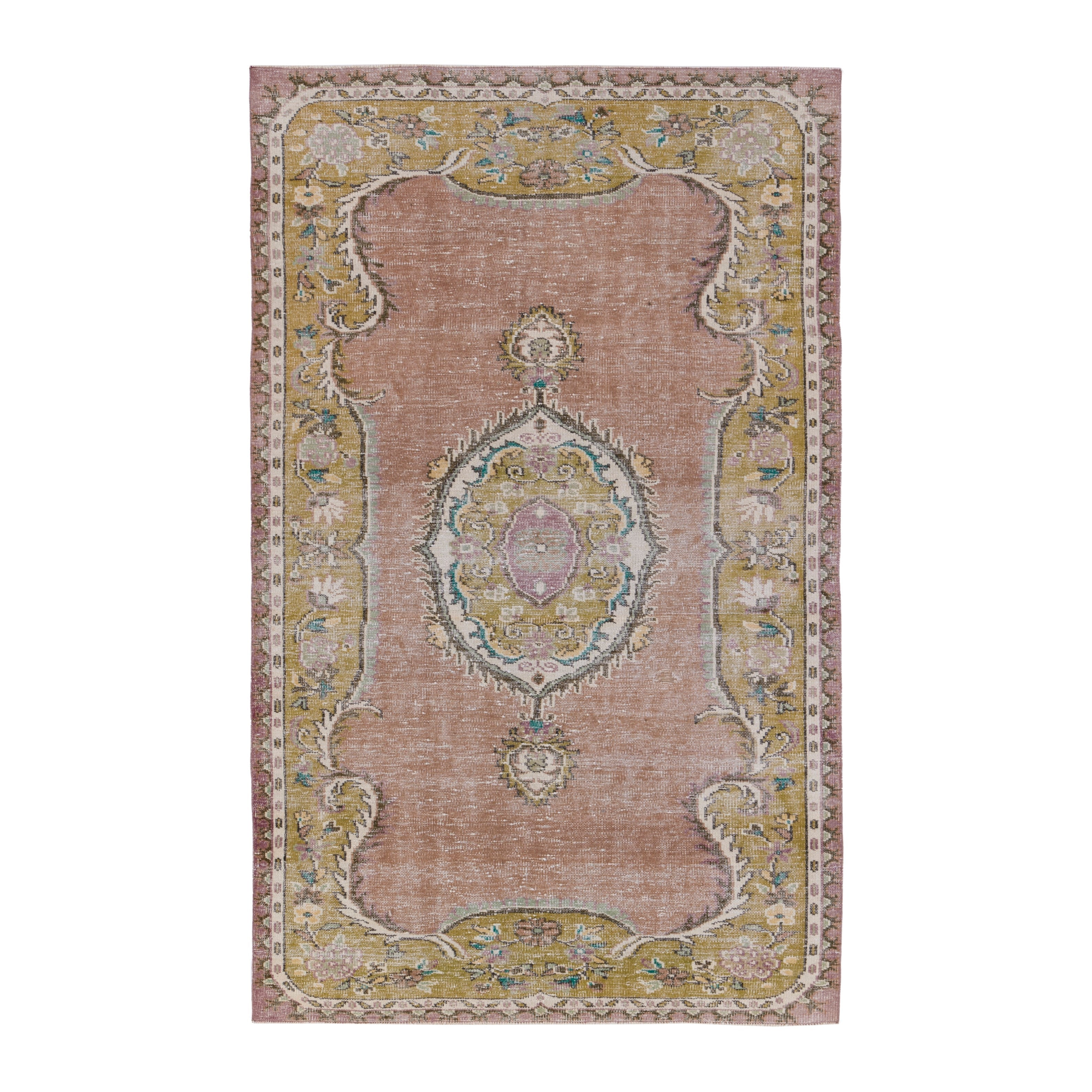 Turkish Isparta area rug in muted pink and straw, 5'5" x 8'7"