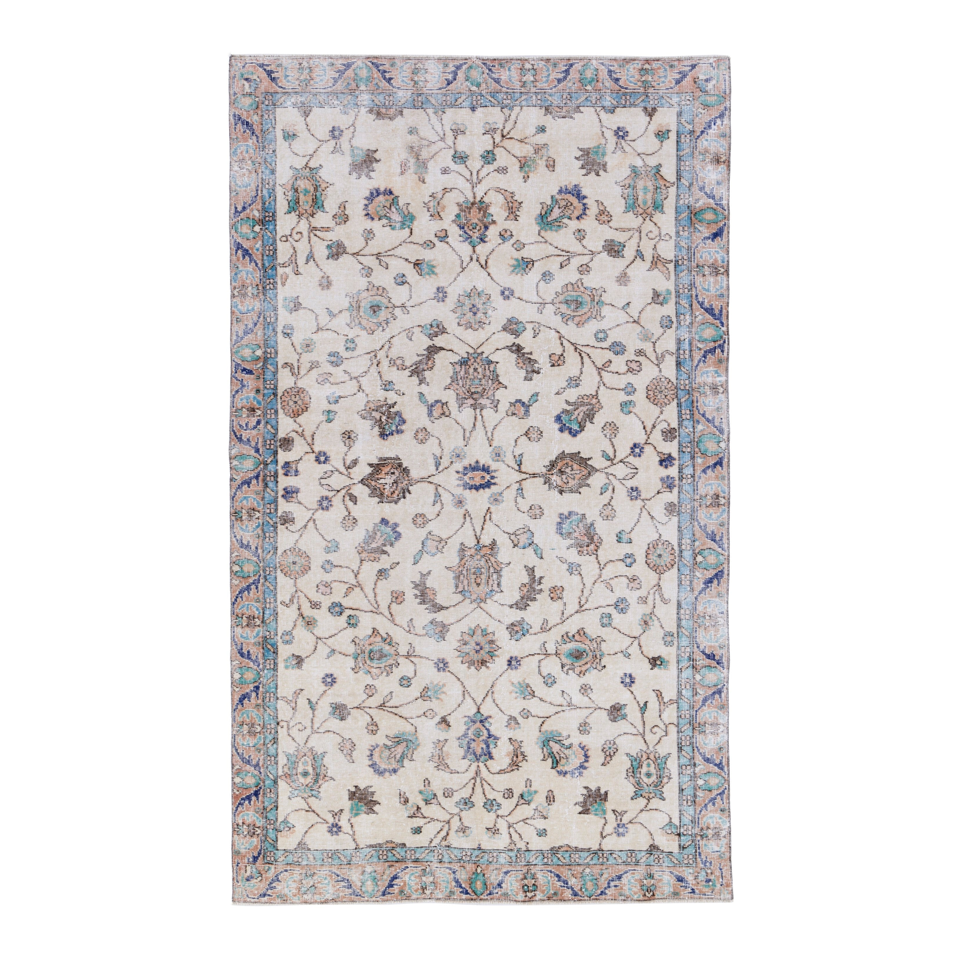Turkish Isparta area rug in cream and dusty blue, 4'10" x 8'