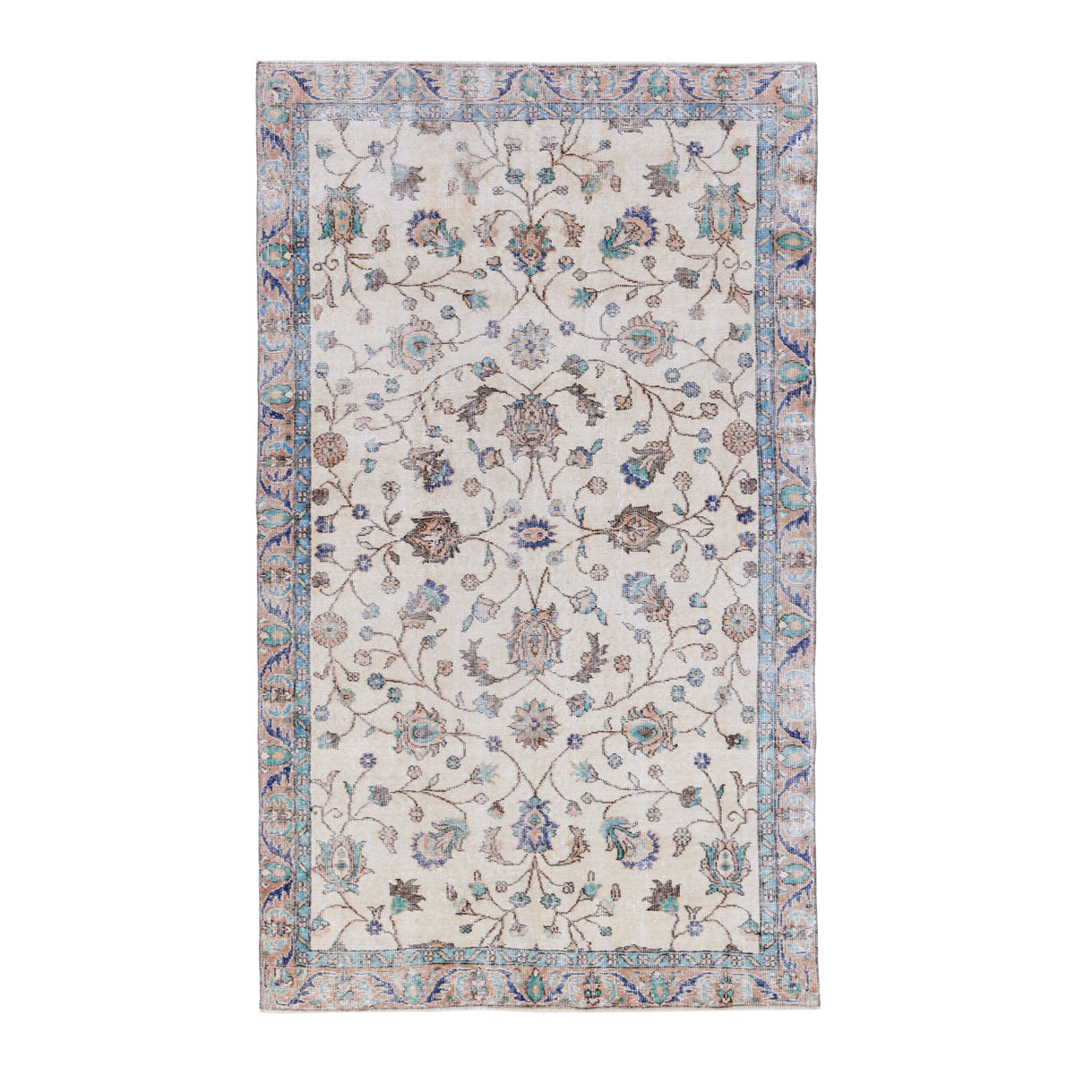 Turkish Isparta area rug in cream and dusty blue, 4'10" x 8'