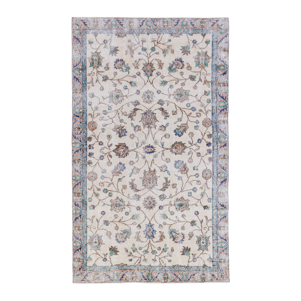 Turkish Isparta area rug in cream and dusty blue, 4'10" x 8'