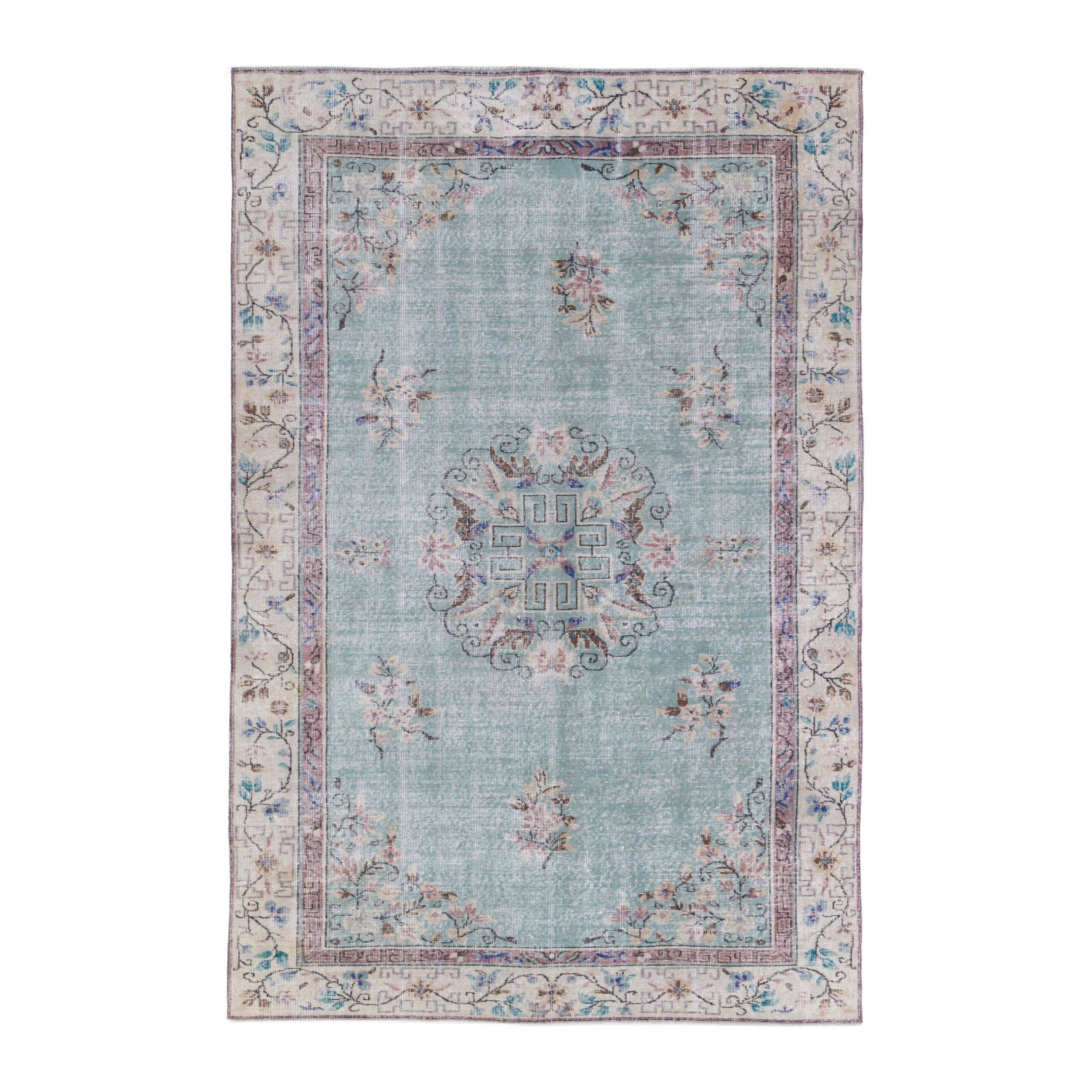 Turkish Isparta area rug in celadon and cream, 6'2" x 9'5"