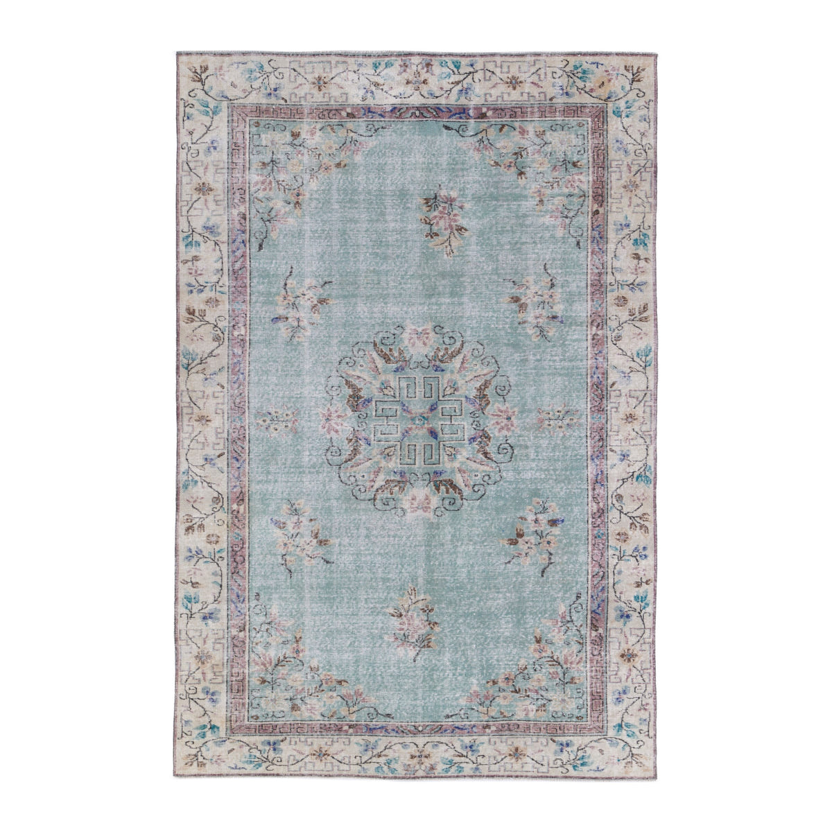 Turkish Isparta area rug in celadon and cream, 6'2" x 9'5"