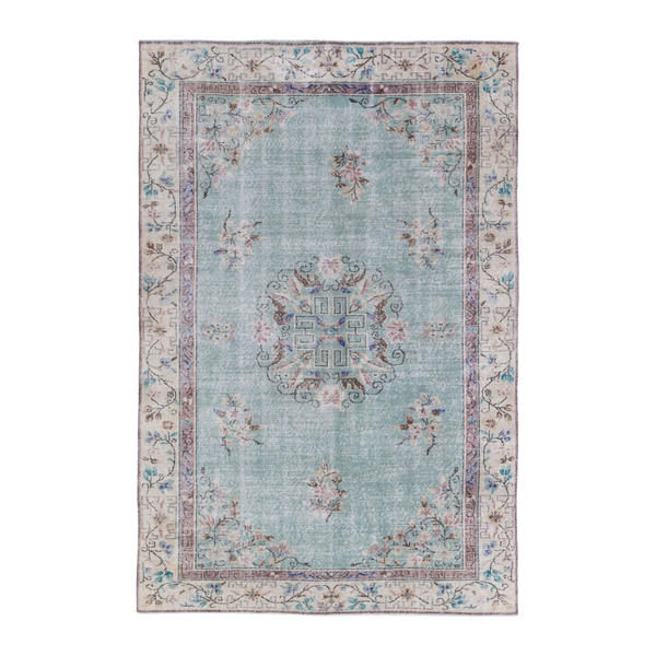 Turkish Isparta area rug in celadon and cream, 6'2" x 9'5"