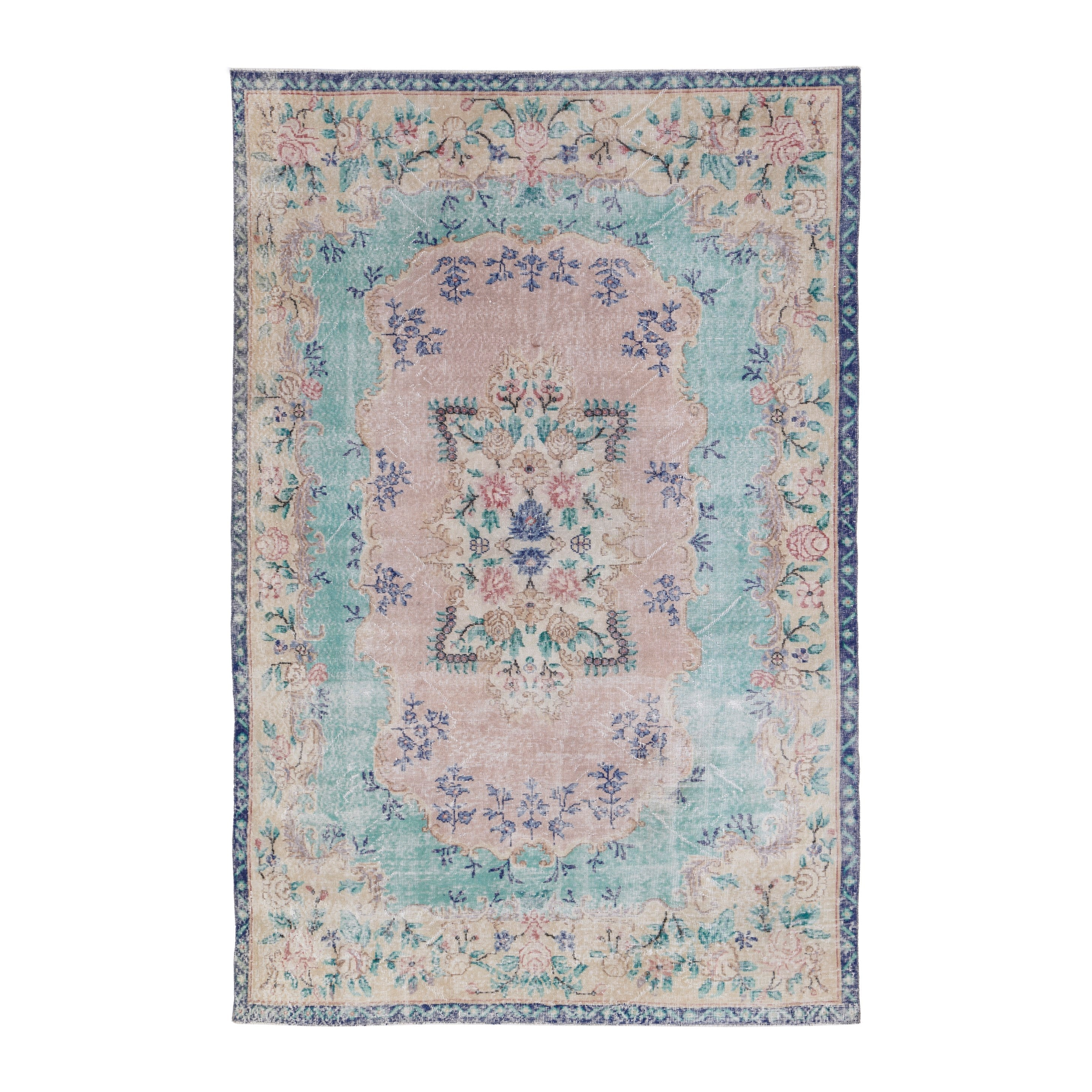 Turkish Isparta area rug in celadon and dusty rose, 6'2" x 9'5"