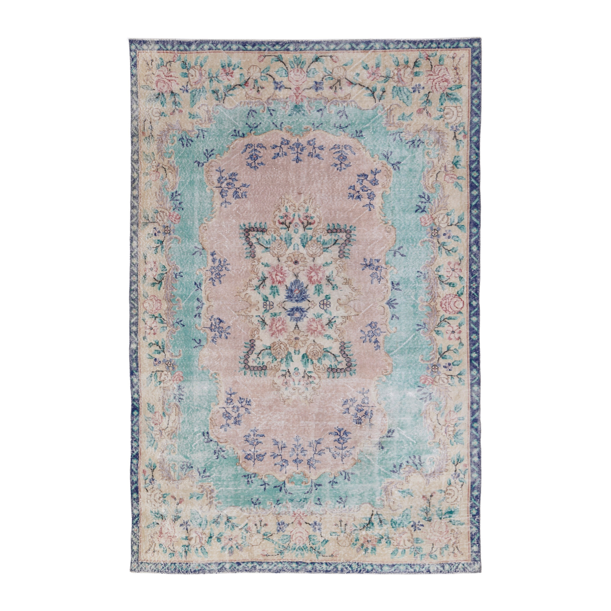 Turkish Isparta area rug in celadon and dusty rose, 6'2" x 9'5"