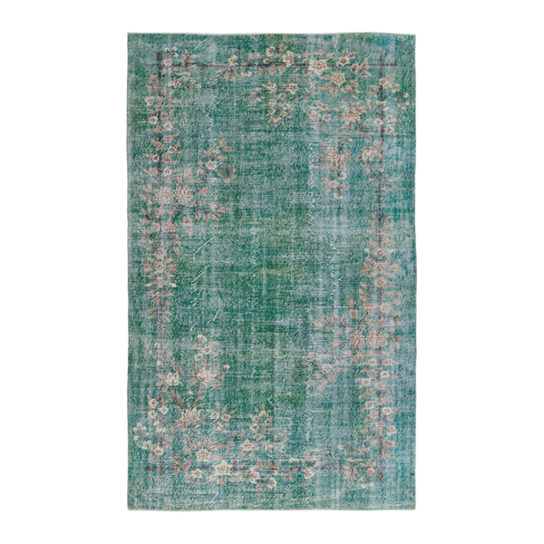 Turkish Isparta area rug in teal and muted pink, 5'8" x 9'1"