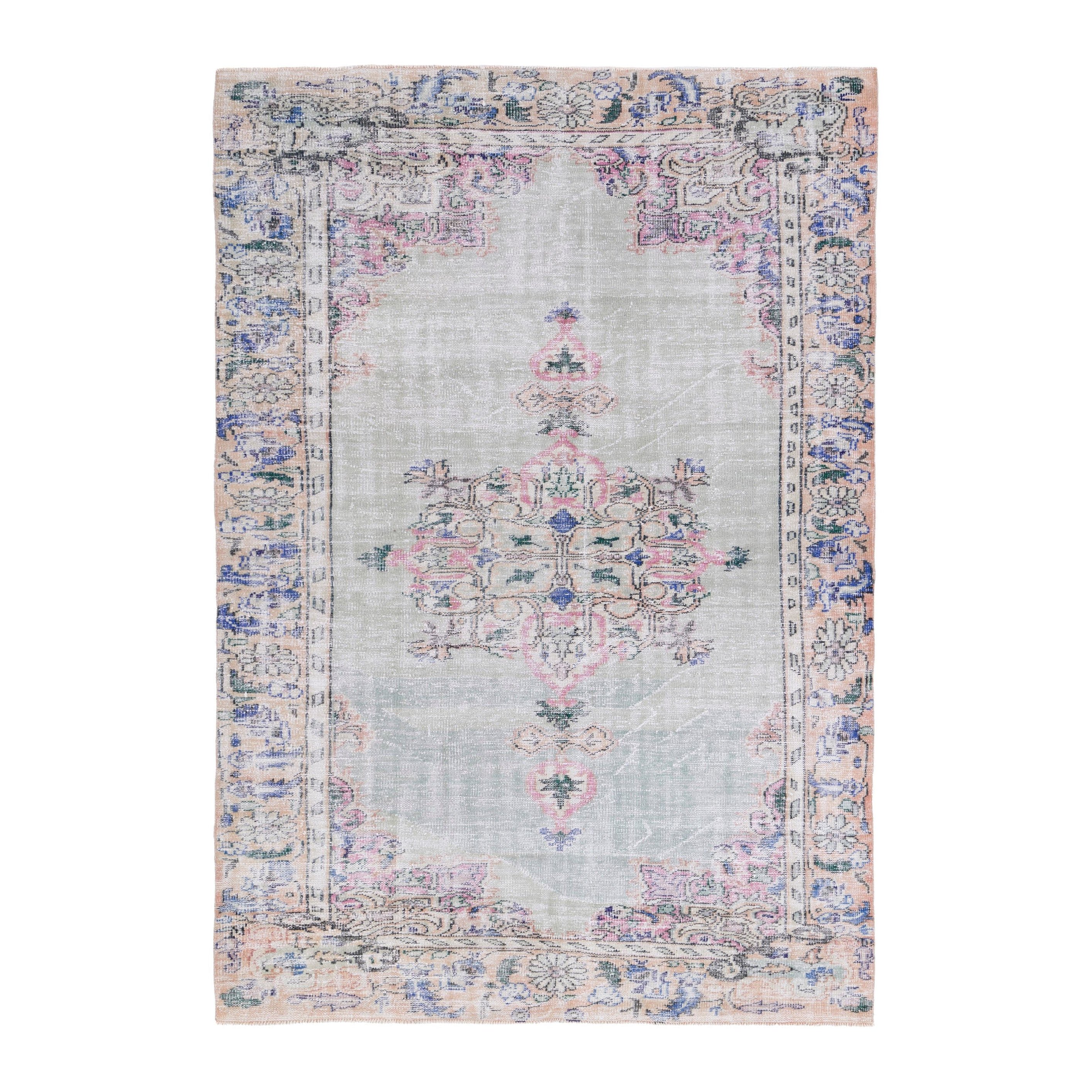 Turkish Manisa area rug in stone and denim, 6'3" x 8'11"