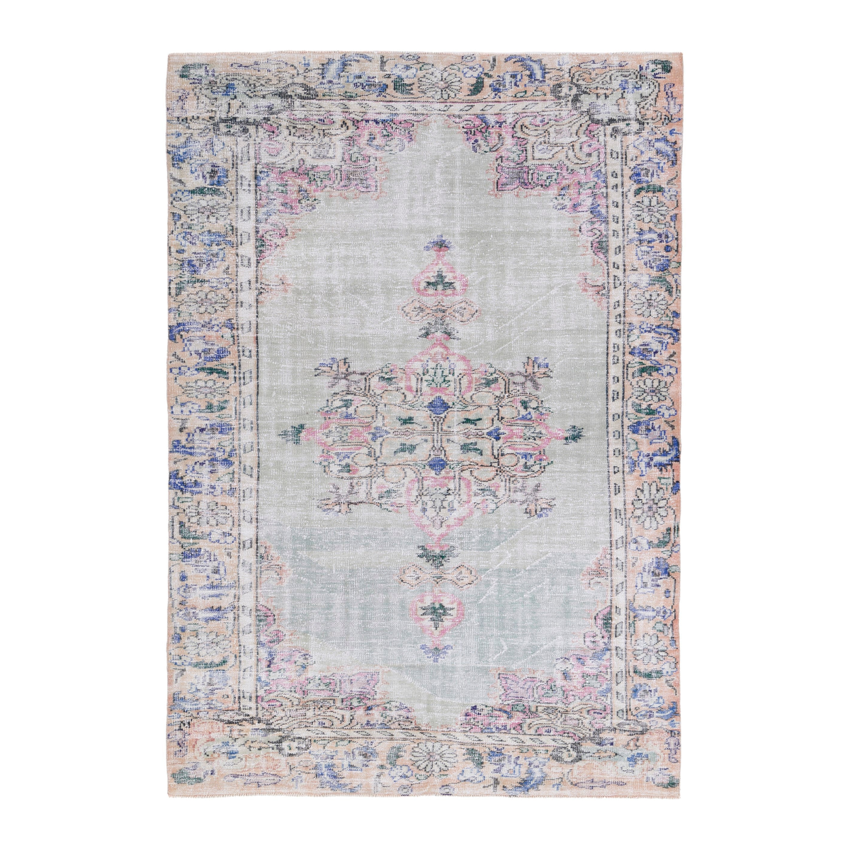 Turkish Manisa area rug in stone and denim, 6'3" x 8'11"