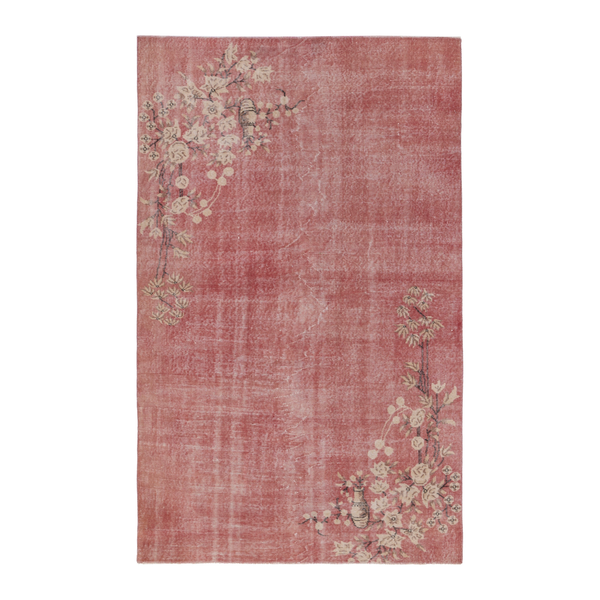 Turkish Isparta area rug in faded red and muted pink, 4'11" x 8'