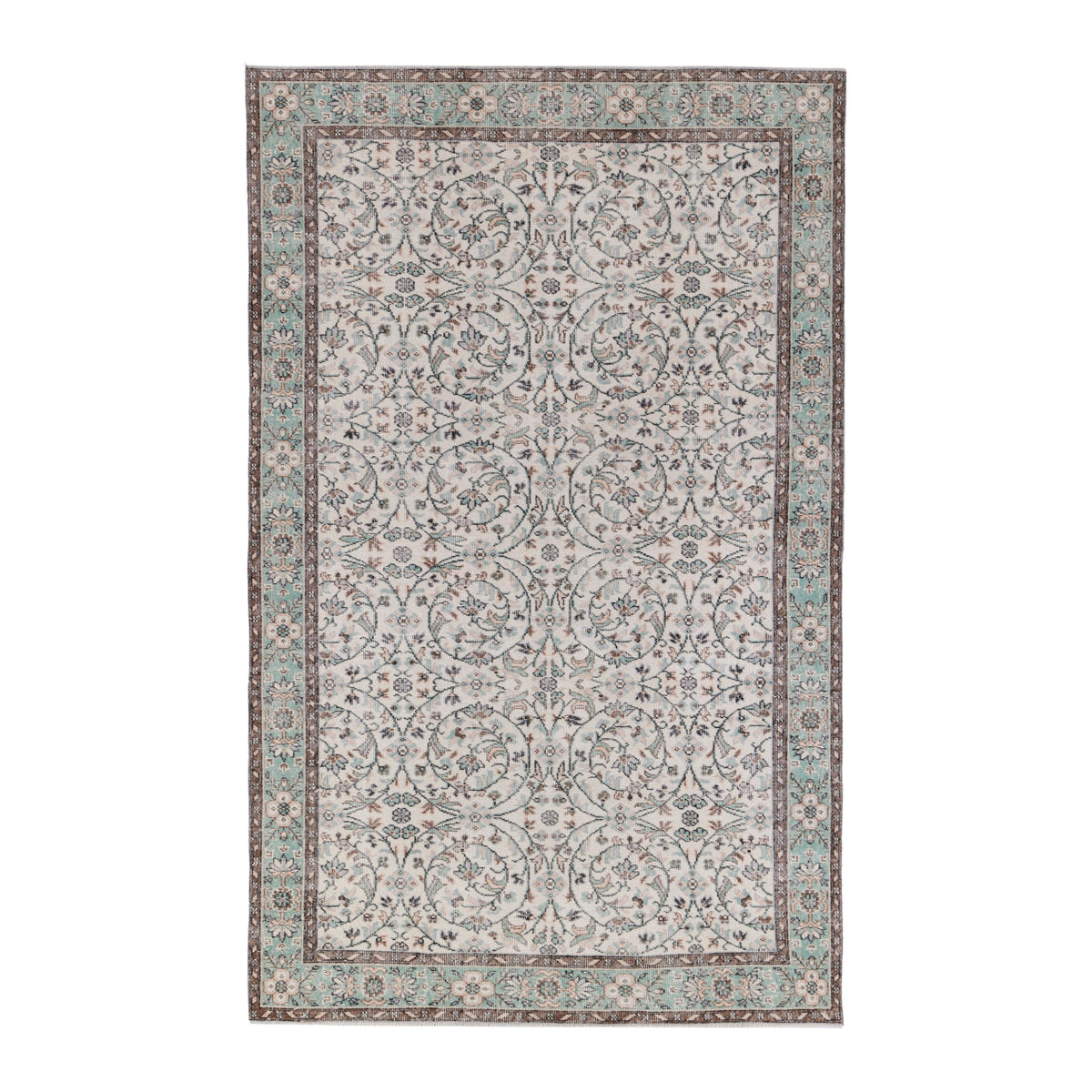 Turkish Isparta area rug in cream and celadon, 6' x 9'7"