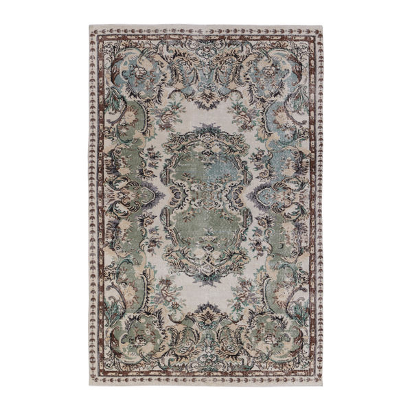 Turkish Isparta area rug in cream and sage, 5'6" x 8'4"