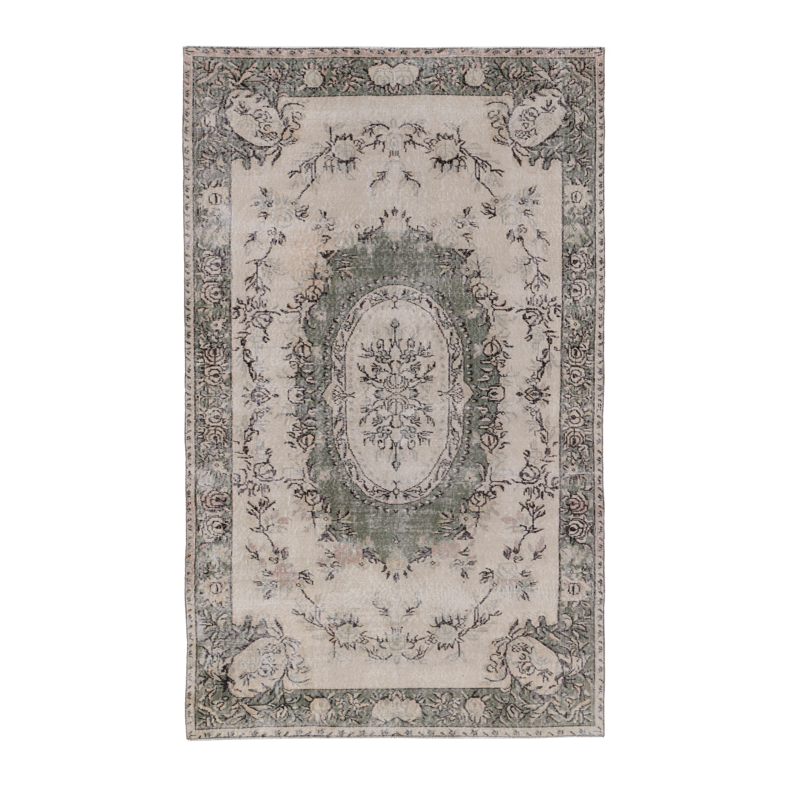 Turkish Isparta area rug in cream and sage, 5'3" x 8'6"