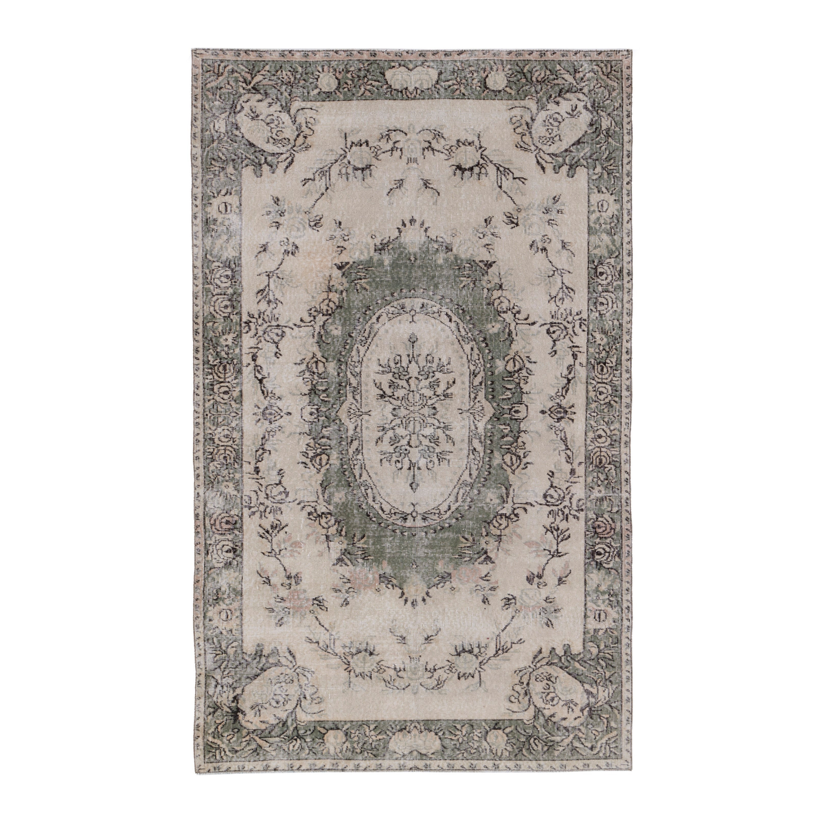 Turkish Isparta area rug in cream and sage, 5'3" x 8'6"