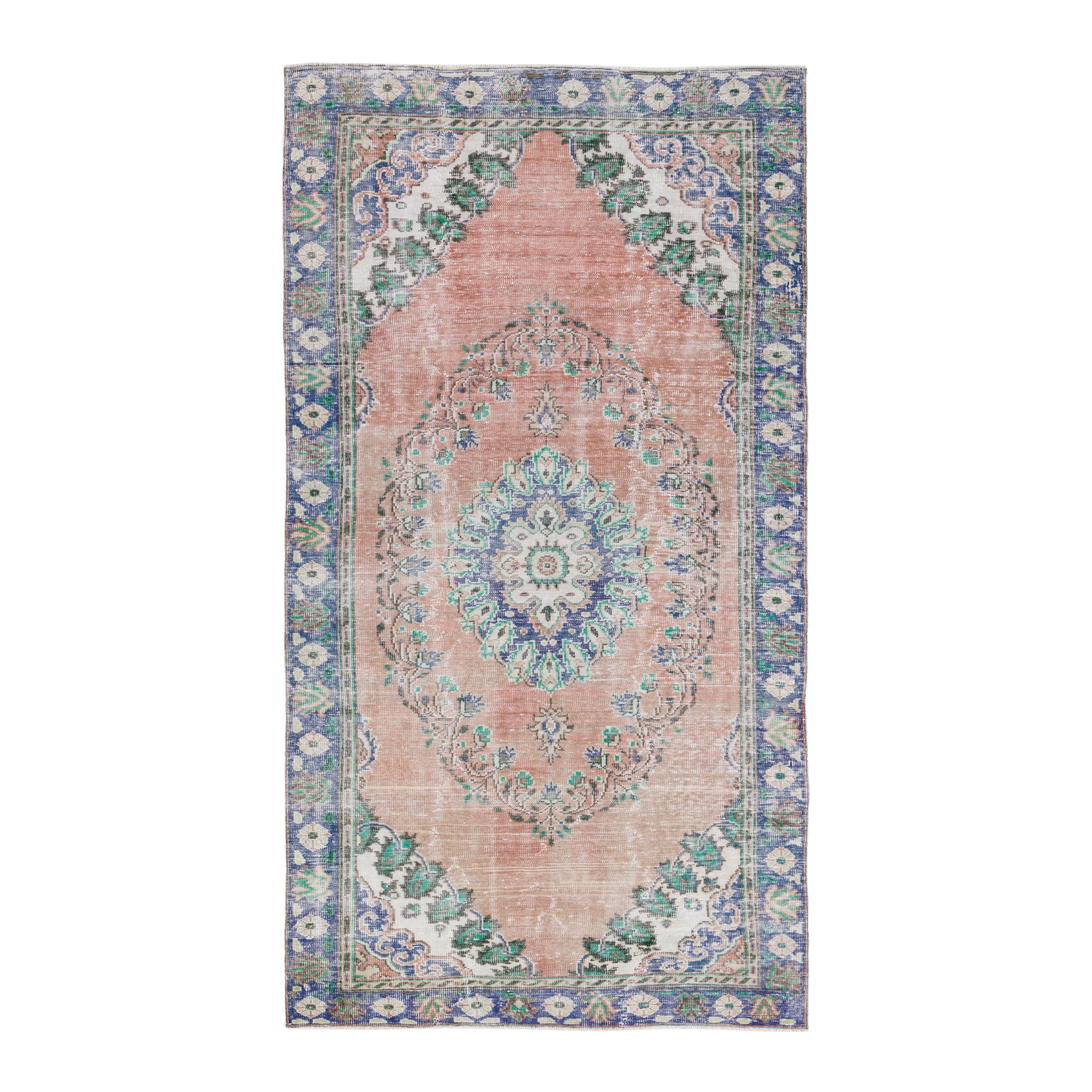 Turkish Manisa area rug in muted pink and navy, 5'3" x 9'5"