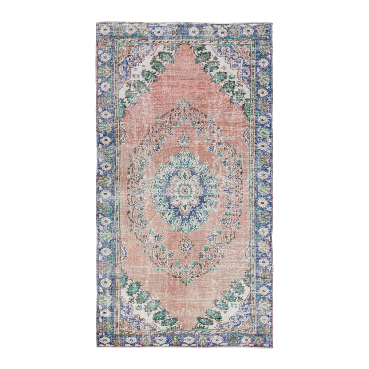 Turkish Manisa area rug in muted pink and navy, 5'3" x 9'5"