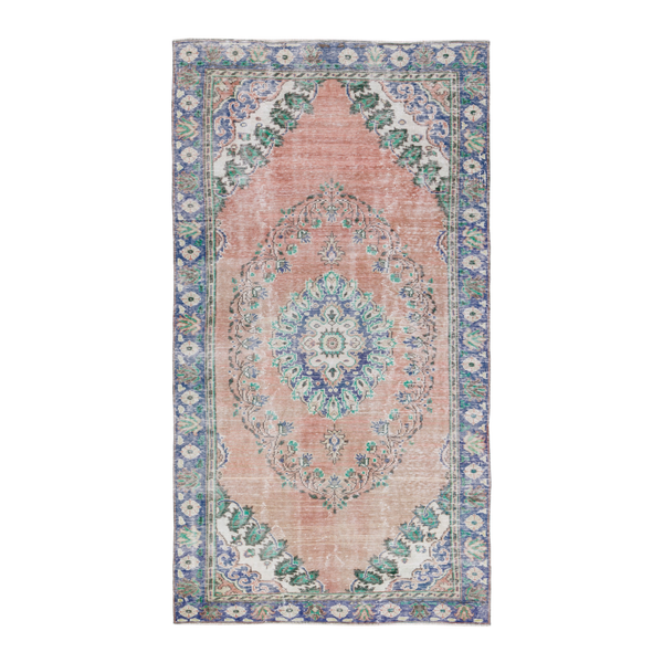 Turkish Manisa area rug in muted pink and navy, 5'3" x 9'5"