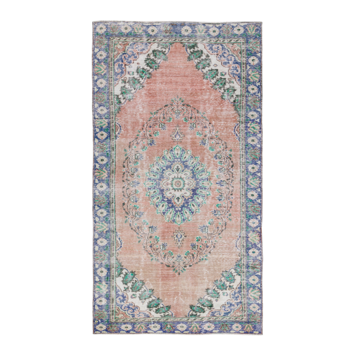 Turkish Manisa area rug in muted pink and navy, 5'3" x 9'5"