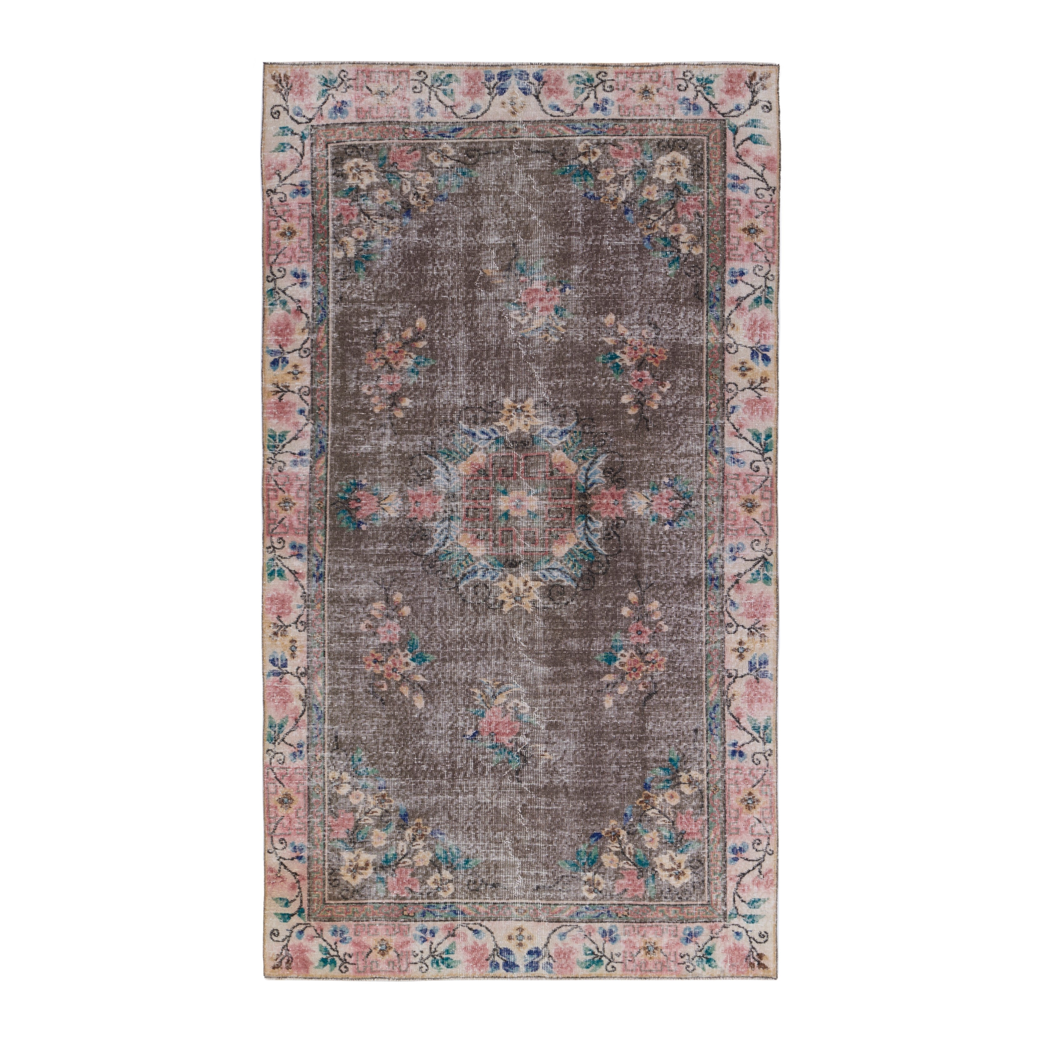Turkish Isparta area rug in charcoal and muted pink, 5'1" x 8'7"