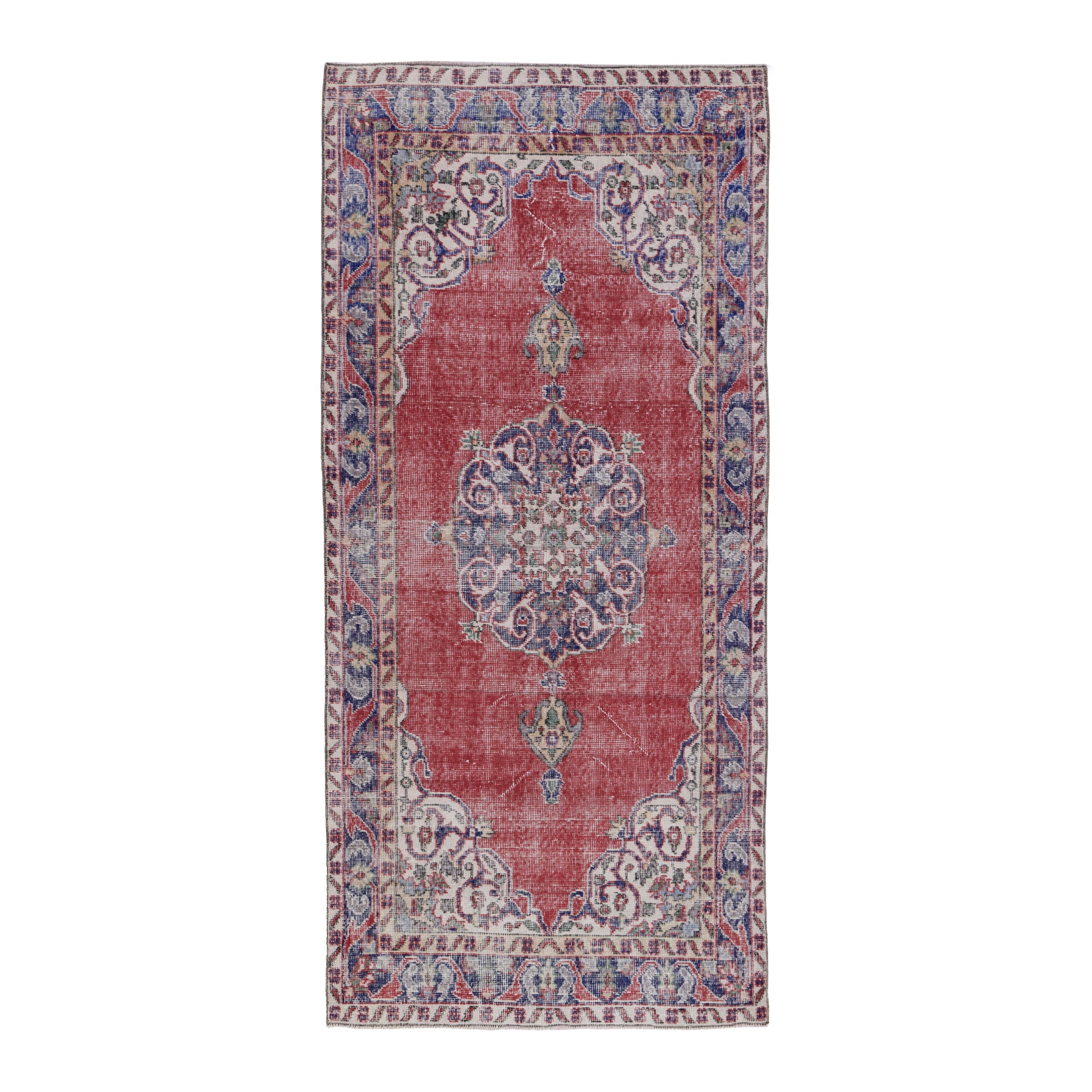 Turkish Isparta runner rug in faded red and navy, 3'7" x 7'10"