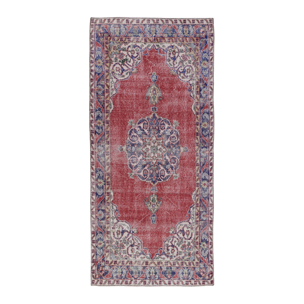 Turkish Isparta runner rug in faded red and navy, 3'7" x 7'10"