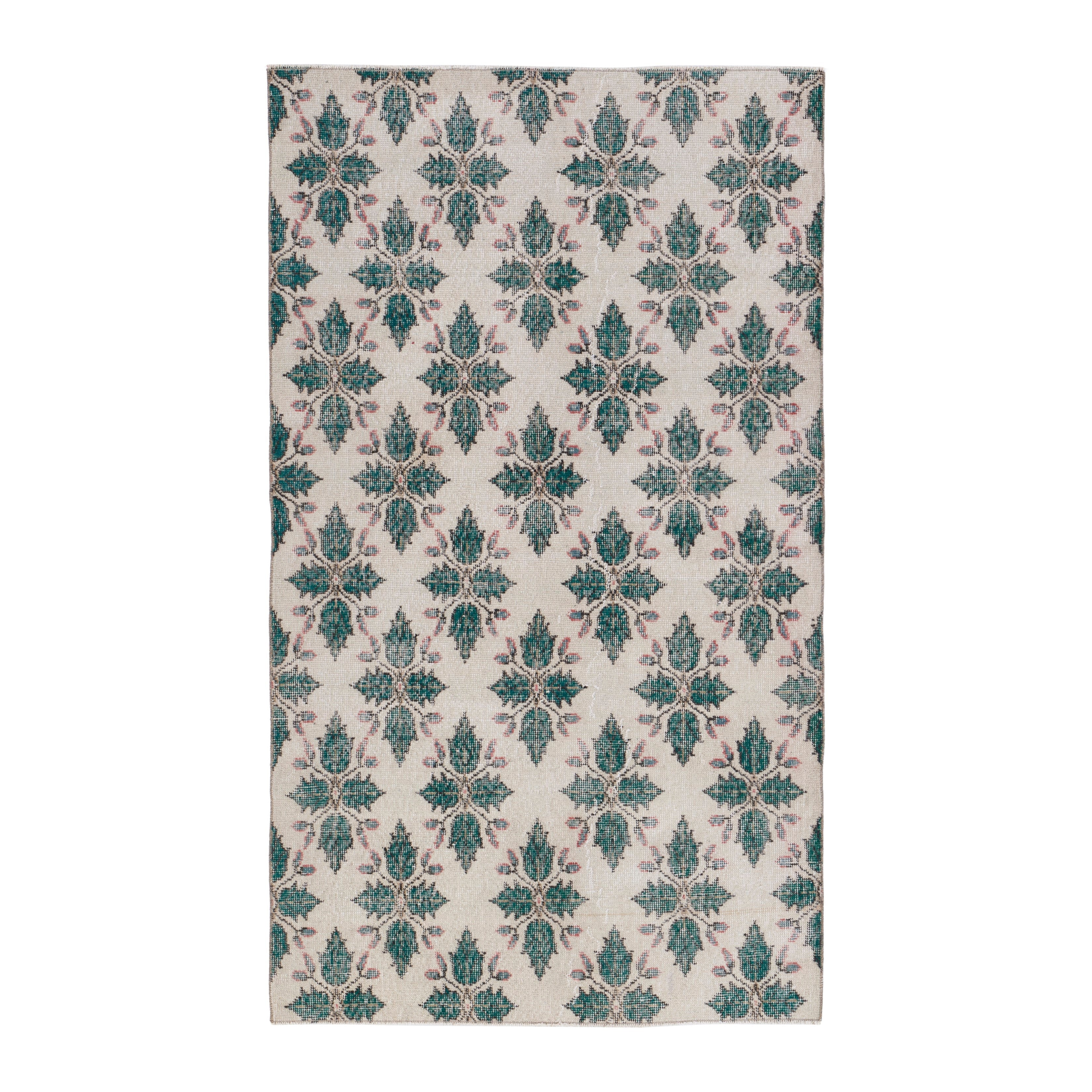 Turkish Isparta accent rug in muted pink and teal, 3'8" x 6'4"