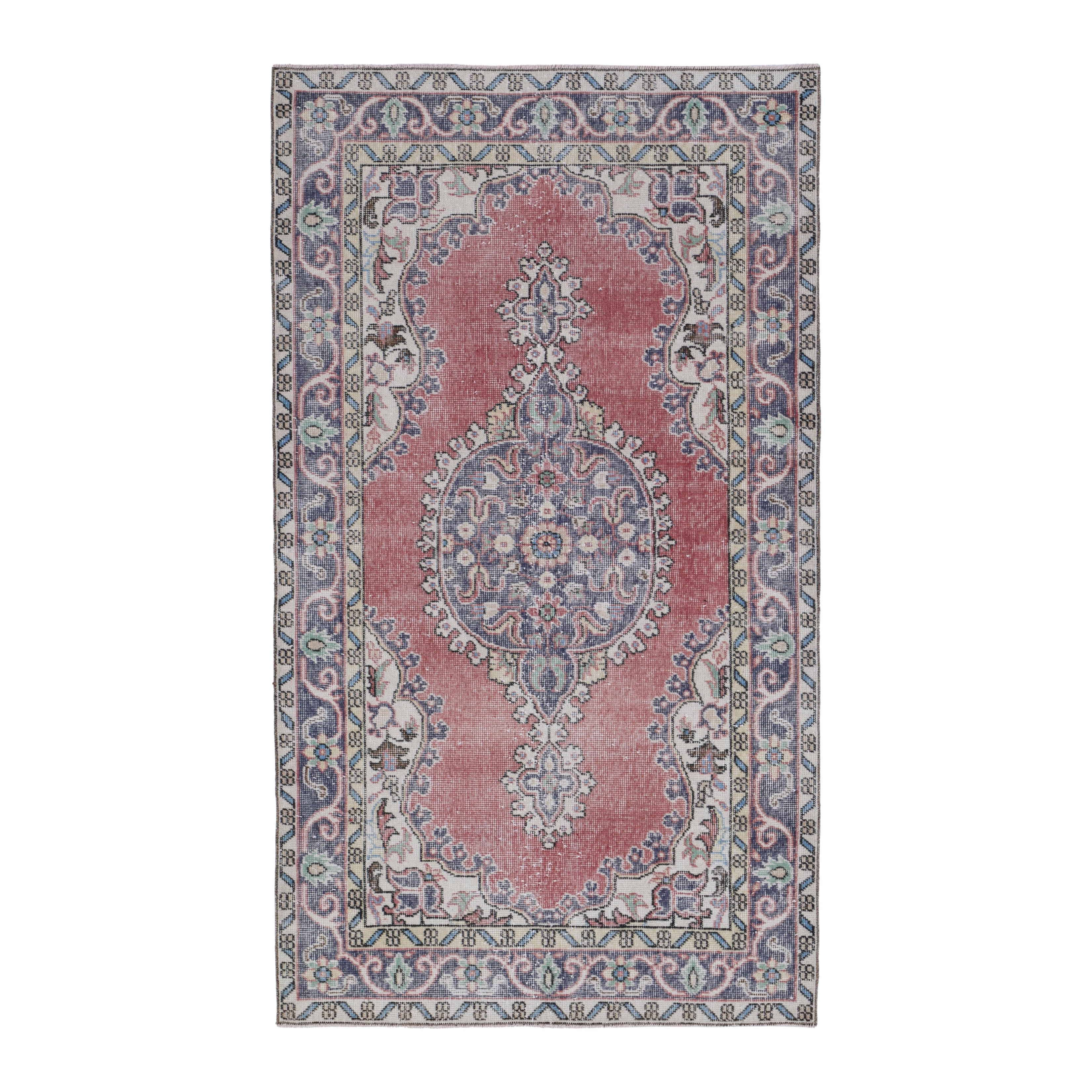 Turkish Isparta area rug in dusty rose and slate blue, 3'10" x 6'9"