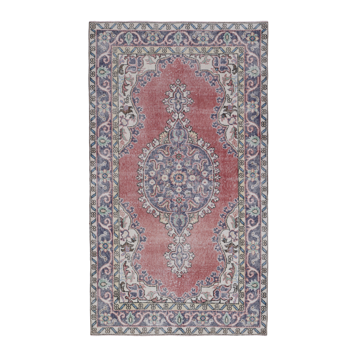 Turkish Isparta area rug in dusty rose and slate blue, 3'10" x 6'9"