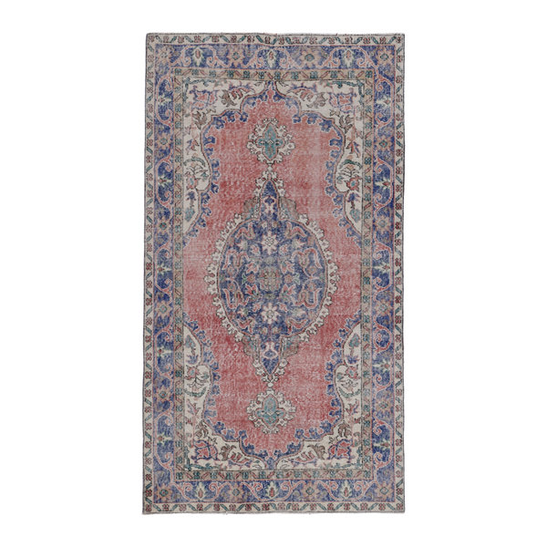 Turkish Isparta area rug in dusty rose and navy, 3'10" x 7'1"