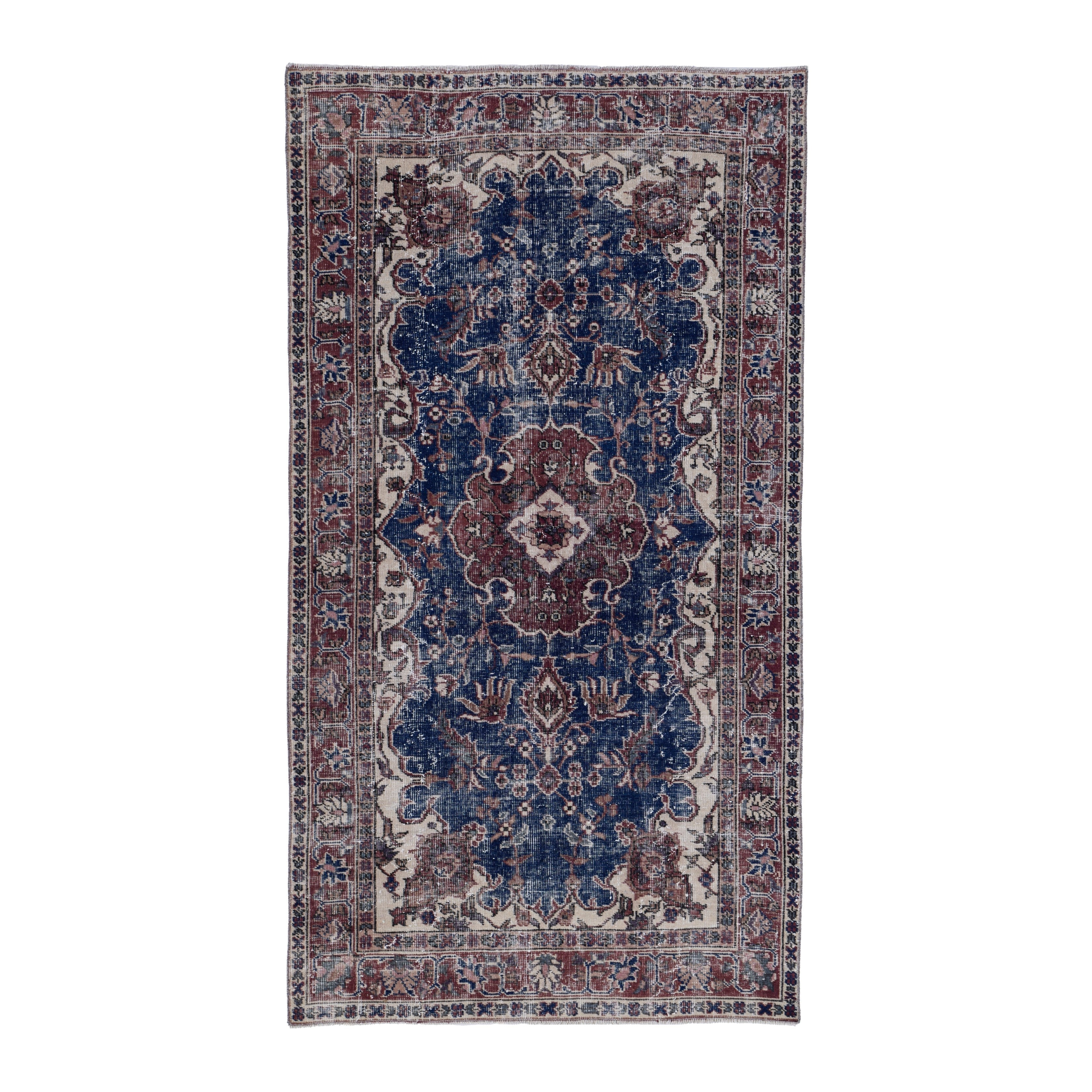 Turkish Isparta area rug in navy and burgundy, 3'8" x 6'7"