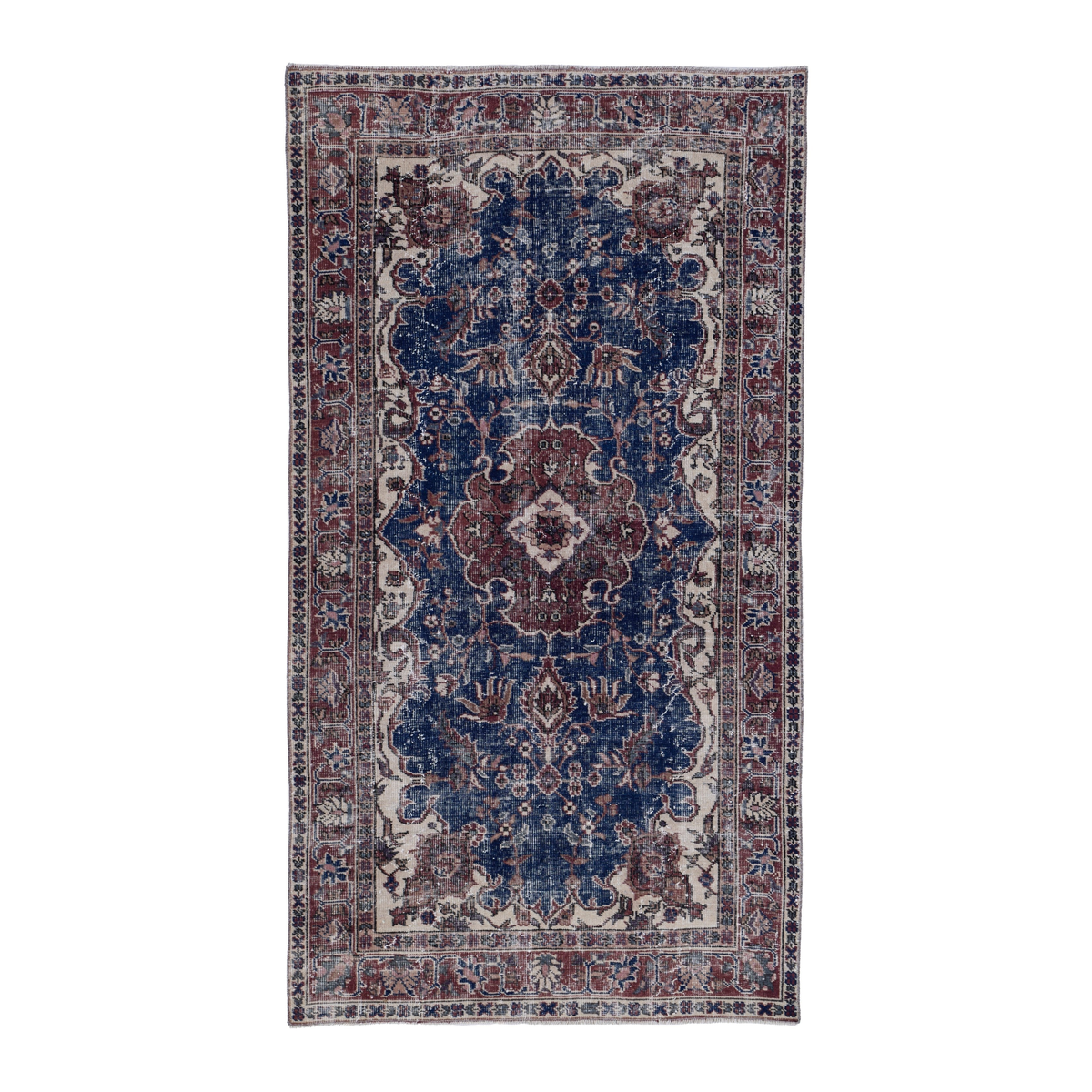 Turkish Isparta area rug in navy and burgundy, 3'8" x 6'7"