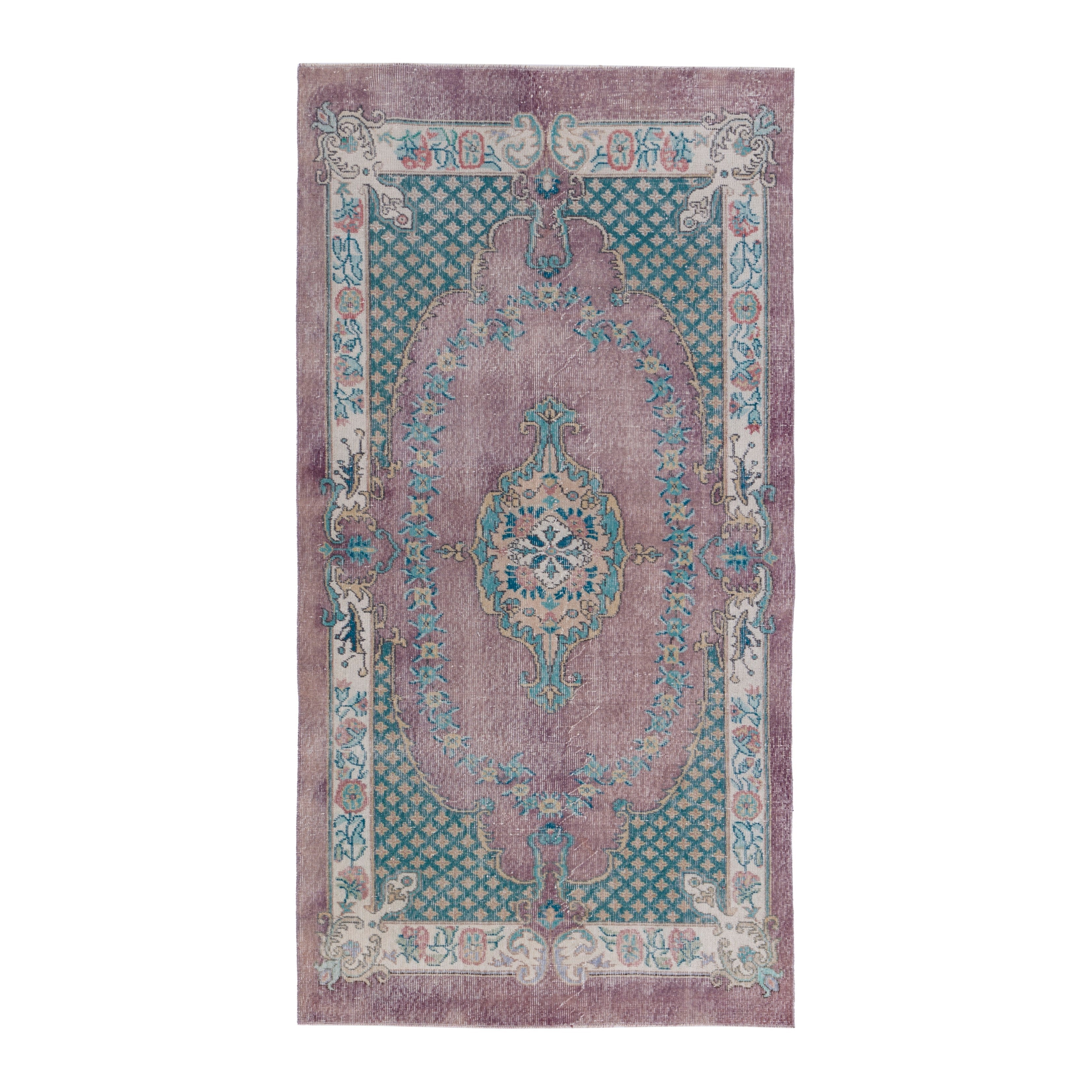 Turkish Isparta area rug in dusty rose and teal, 4'2" x 8'2"