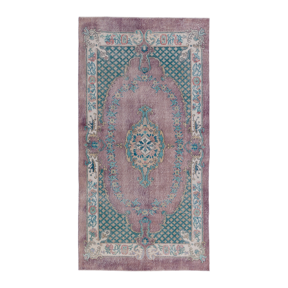 Turkish Isparta area rug in dusty rose and teal, 4'2" x 8'2"