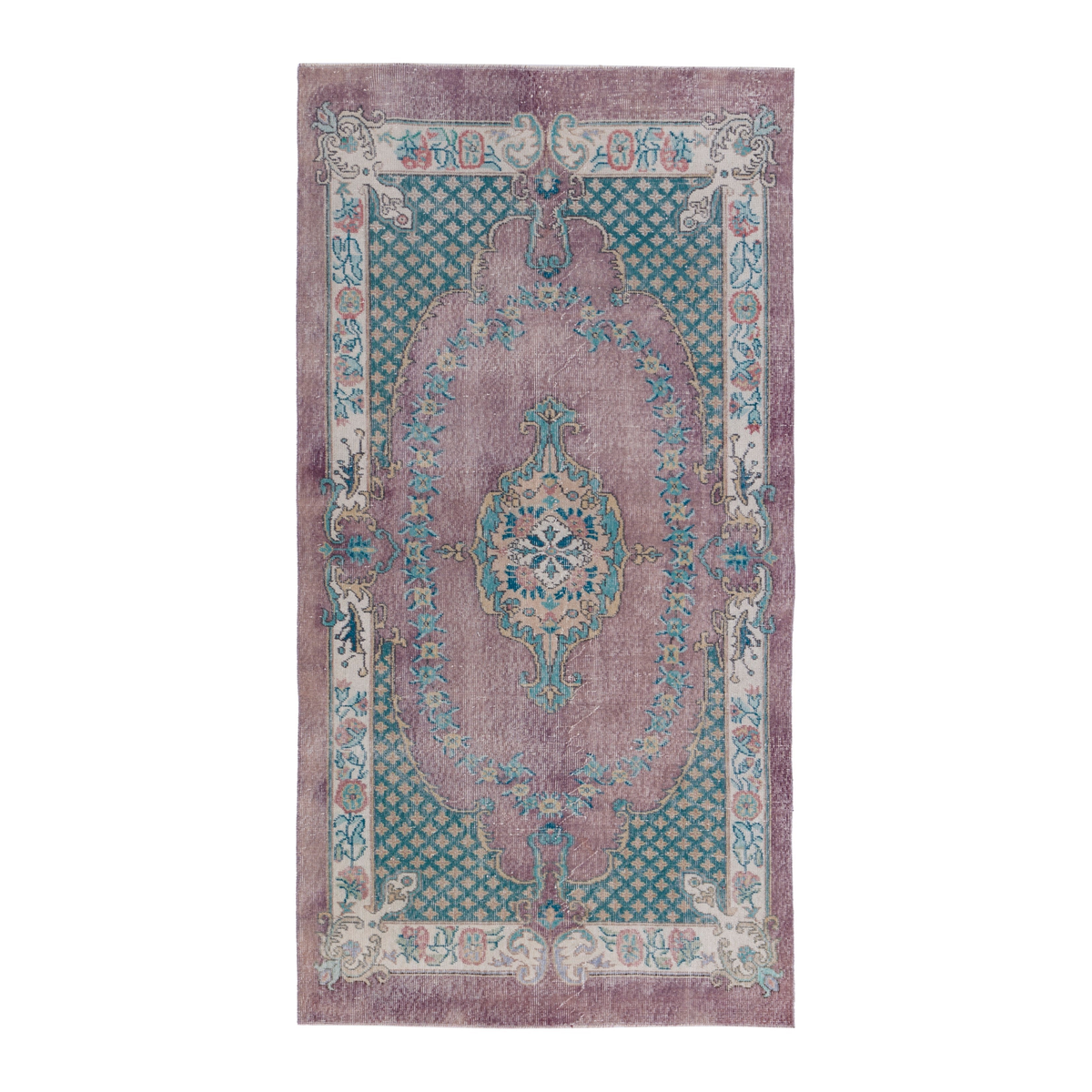 Turkish Isparta area rug in dusty rose and teal, 4'2" x 8'2"