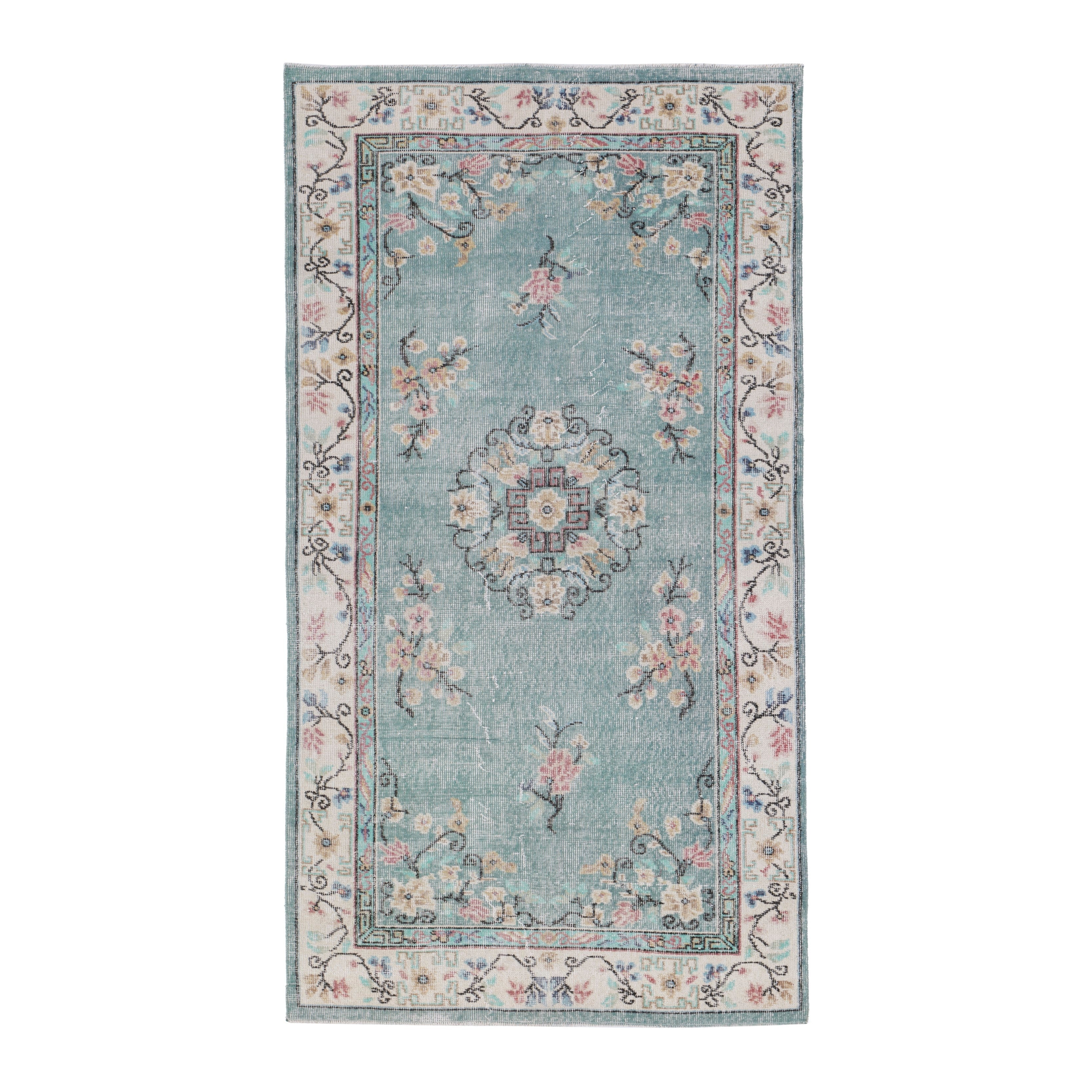 Turkish Isparta area rug in dusty blue and muted pink, 3'9" x 7'2"