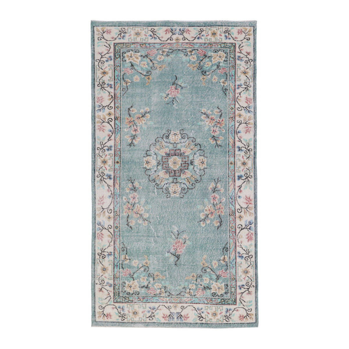 Turkish Isparta area rug in dusty blue and muted pink, 3'9" x 7'2"