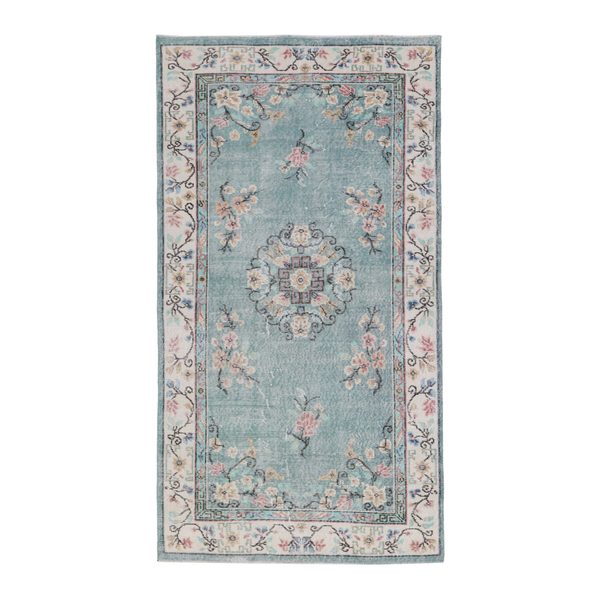 Turkish Isparta area rug in dusty blue and muted pink, 3'9" x 7'2"