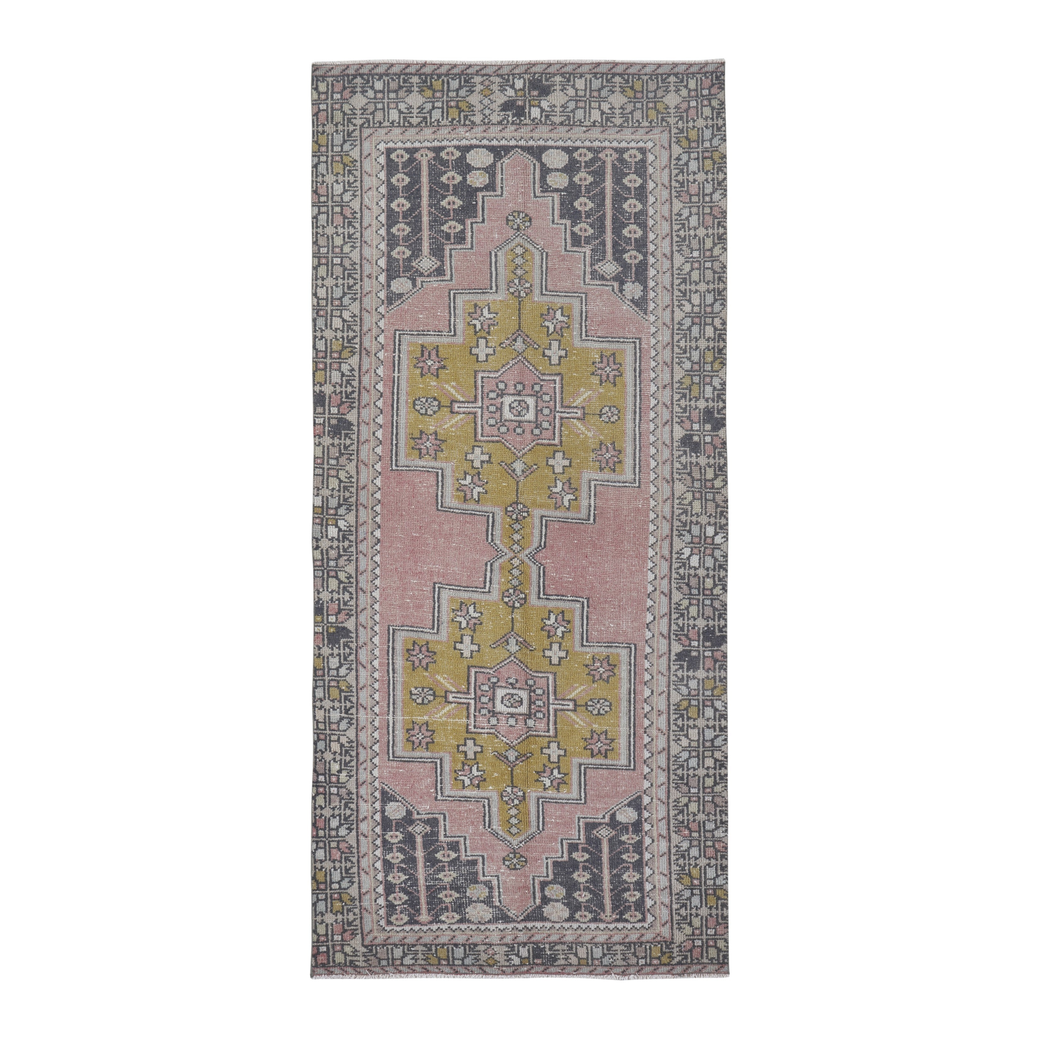 Turkish Anatolian runner rug in muted pink and mustard, 3'9" x 8'7"