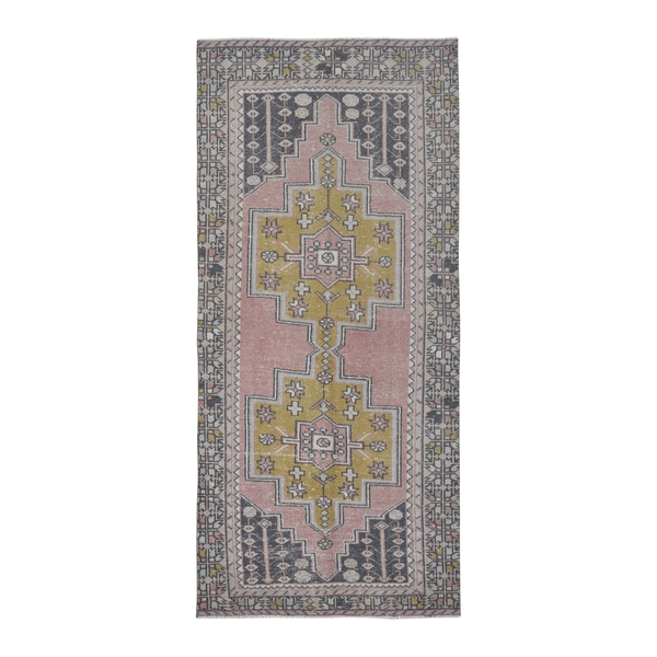 Turkish Anatolian runner rug in muted pink and mustard, 3'9" x 8'7"