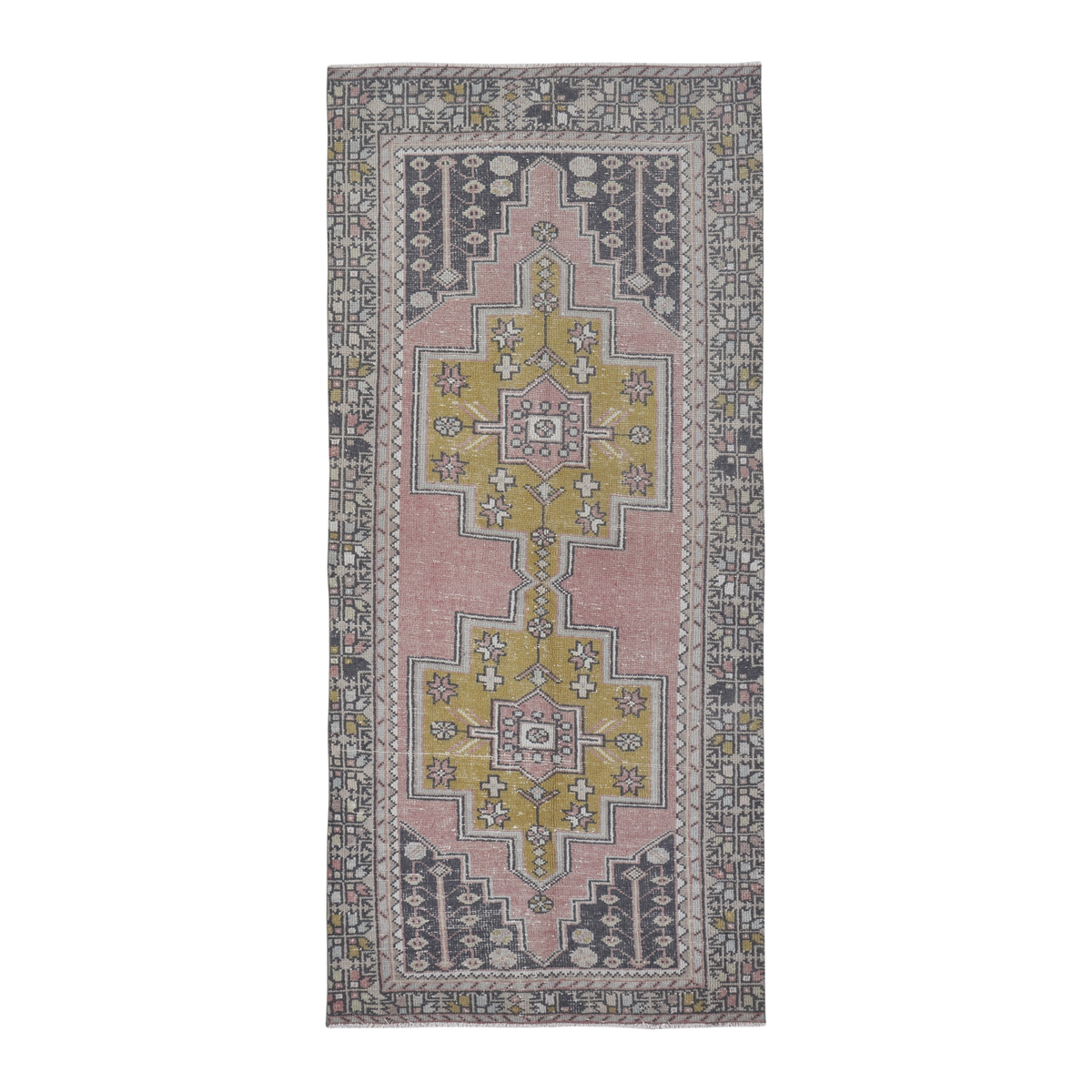 Turkish Anatolian runner rug in muted pink and mustard, 3'9" x 8'7"