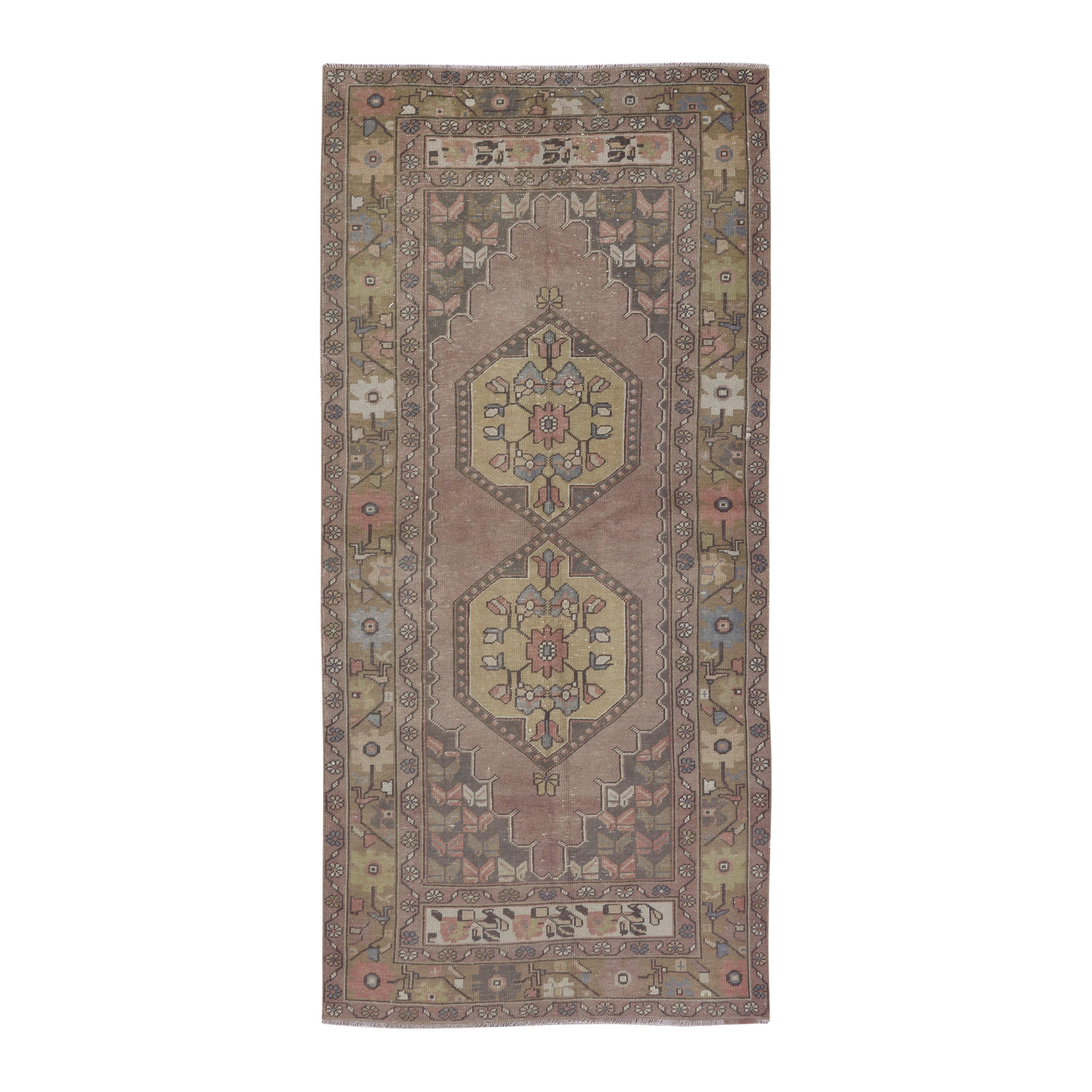 Turkish Anatolian runner rug in dusty rose and khaki, 3'8" x 8'